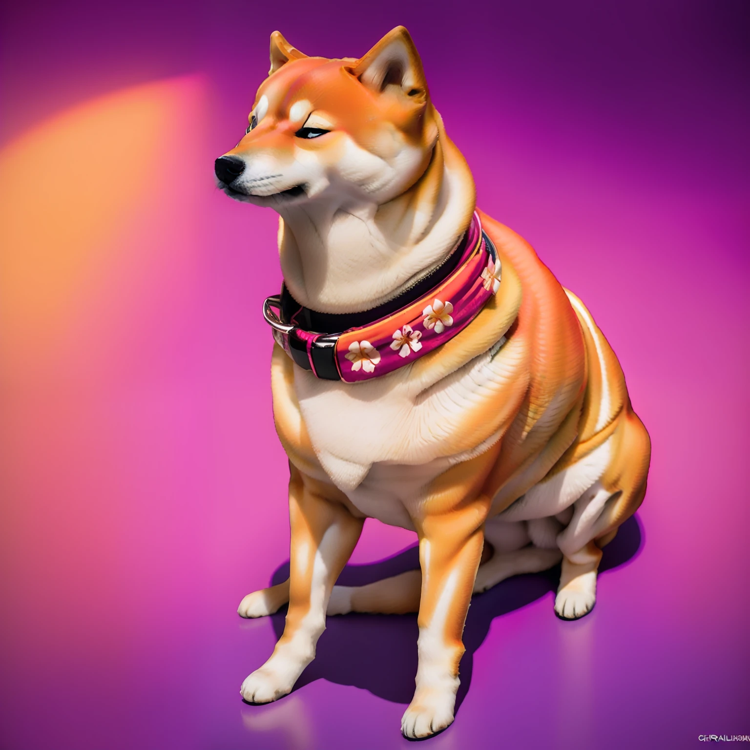 Cheems,Shiba_uni,un chien assis,sourire, porte des lunettes de soleil rouge, has a red Hawaiian shirt with white flowers, In a purple neon cyberpunk bar, (inspired by rad shiba peronnage in VA-11-HALL-A)