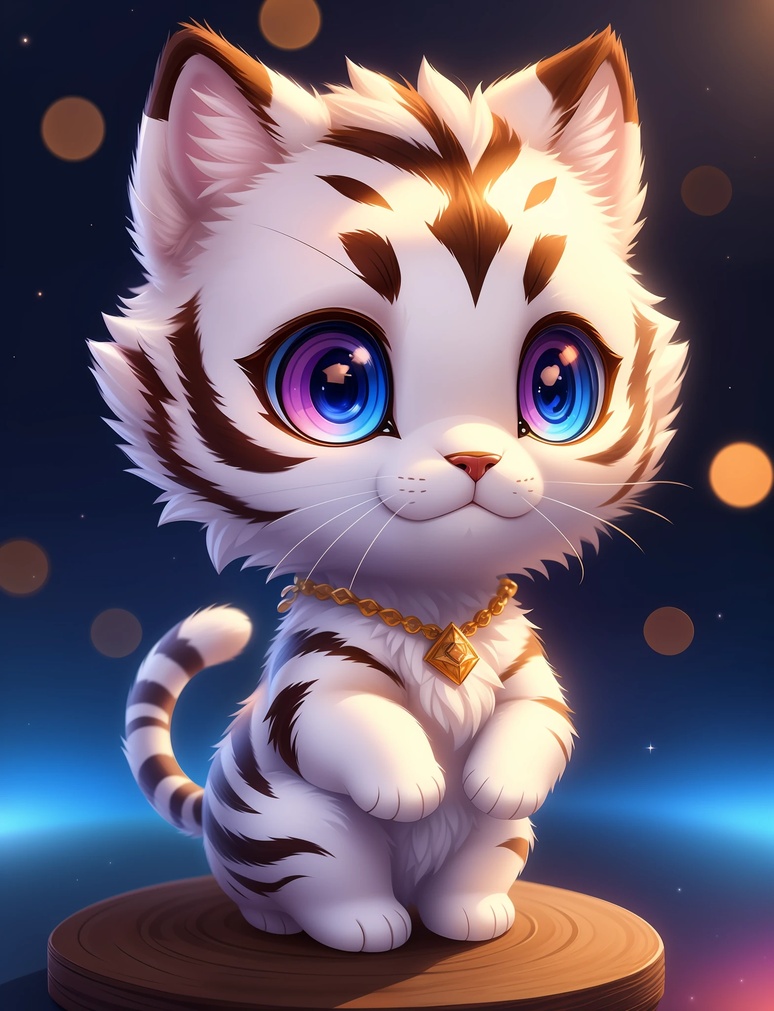 cute tiny hyperrealistic white tiger with different color eyes waring a necklace, Chibi, adorable and fluffy, logo design, cartoon, cinematic lighting effect, charming, 3D vector art, cute and quirky, fantasy art, bokeh, hand-drawn, digital painting, soft lighting, isometric style, 4K resolution, photorealistic rendering, highly detailed clean, vector image, photorealistic masterpiece, professional photography, simple space backdrop, flat white background, isometric, vibrant vector