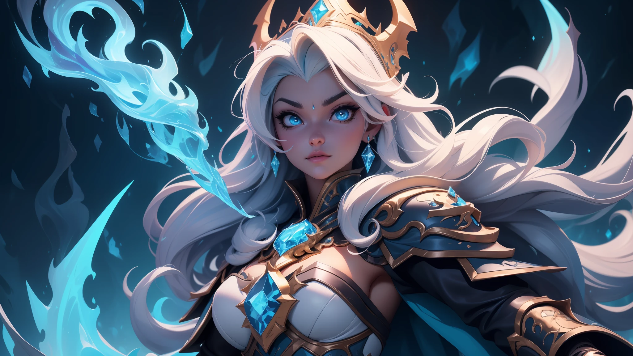 Elsa-Lich King Fusion, Cabelos brancos da Elsa, Roupas do Lich King, particulas de gelo, melting, 1girl, Beautiful, (master part:1.2), (melhor qualidade:1.2), ((pose de luta)), ((campo de batalha)), cinemactic, olhos perfeitos, pele perfeita, perfect lighting, sorrir, luz, cor, pele texturizada, detalhe, Beleza, maravilha, ultra-detalhado, rosto perfeito
