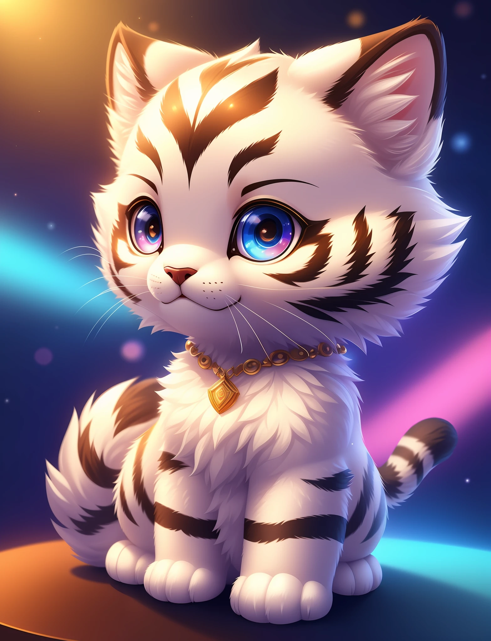 cute tiny hyperrealistic white tiger with different color eyes waring a necklace, Chibi, adorable and fluffy, logo design, cartoon, cinematic lighting effect, charming, 3D vector art, cute and quirky, fantasy art, bokeh, hand-drawn, digital painting, soft lighting, isometric style, 4K resolution, photorealistic rendering, highly detailed clean, vector image, photorealistic masterpiece, professional photography, simple space backdrop, flat white background, isometric, vibrant vector