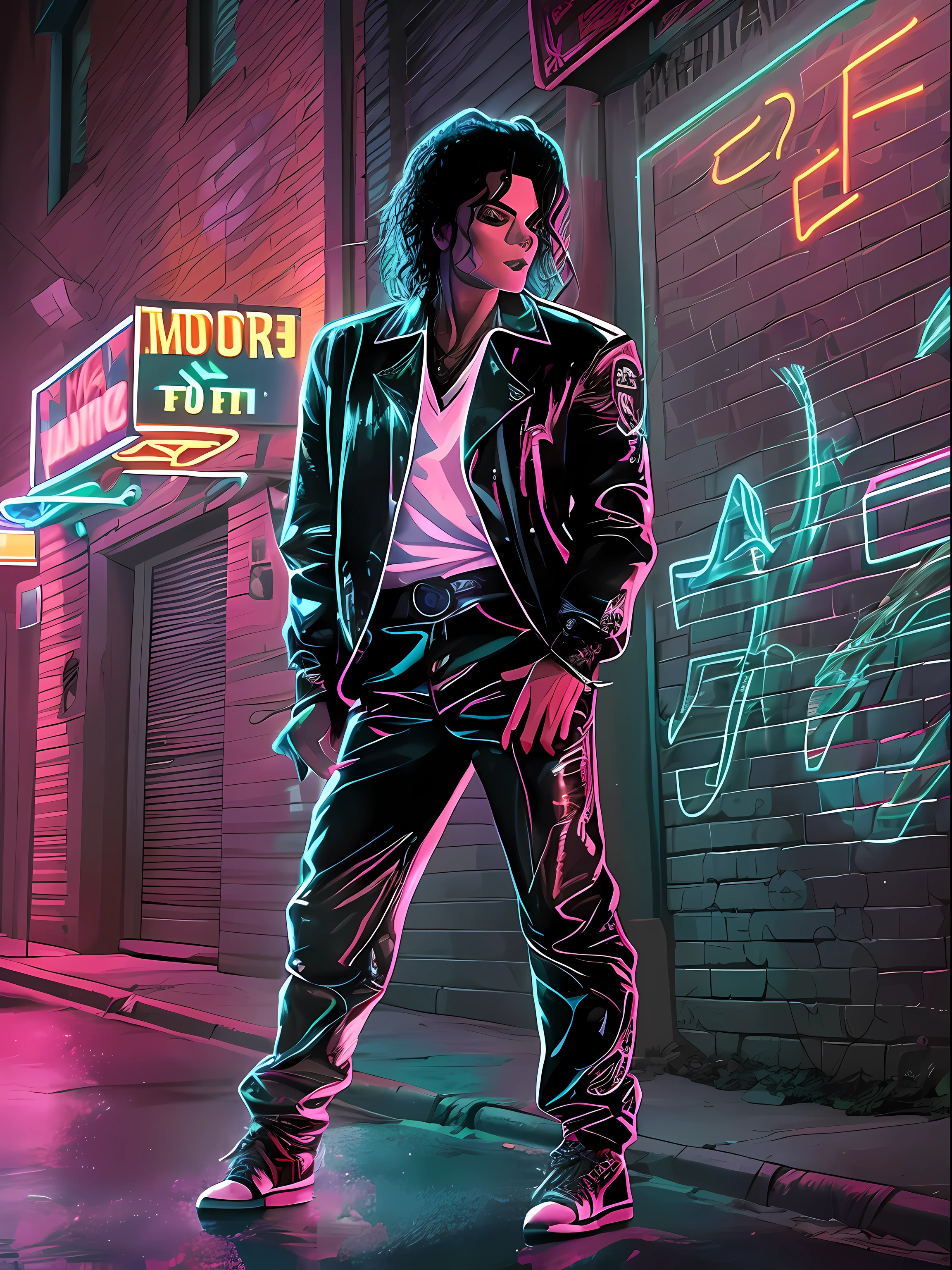 A stylized image of Michael Jackson in his iconic outfit from the Billie Jean music video, standing on a glowing sidewalk in a dark alleyway, surrounded by shadows and neon lights. Michael Jackson appears in the image, wearing his iconic outfit from the Billie Jean music video. He stands on a glowing sidewalk in a dark alleyway, surrounded by shadows and neon lights. The image is stylized, with bold lines and vibrant colors that capture the energy and mood of the music video