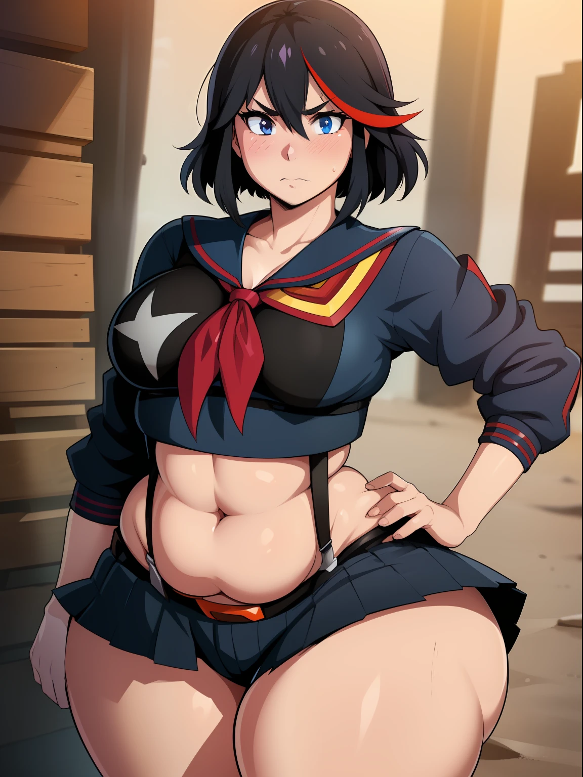 ((kipteitei art)), ((masterpiece)), (((best quality))), ((ultra-detailed)), (((illustration))), detailed face, ultra cute face, detailed body, ((1girl)), ((solo)), matoi_ryuuko:1.3, blush, embarrassed, black hair, fluffy hair, suspenders, multicolored hair, skirt, short_hair, red hair, serafuku, streaked hair, midriff, senketsu, pleated skirt, hand on hip, looking at viewer, cowboy shot, medium breasts, perky breasts, ((wide hips)), (((thick thighs))), (pudgy belly), soft belly,