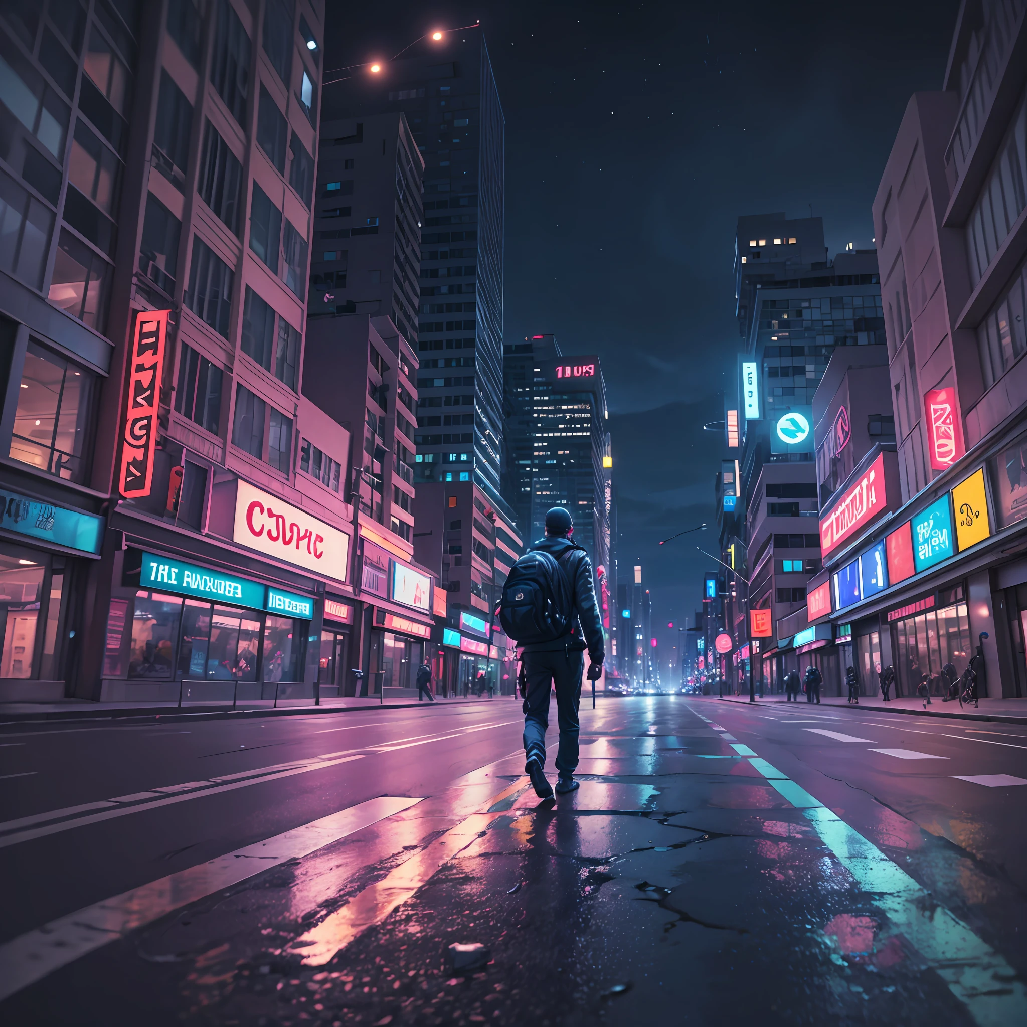 a pilot walking at night on a street of a futuristic and deserted city, with holographic ads, realistic image, HD, 1920x1080 --auto --s2