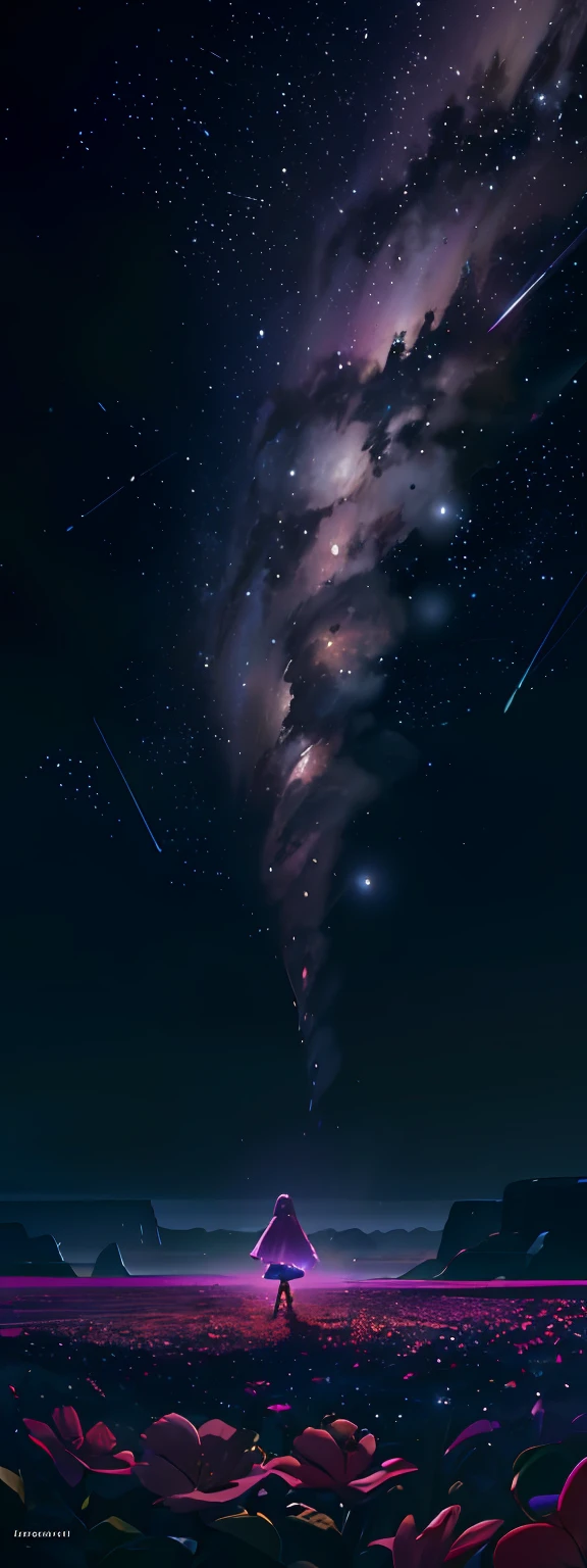 Expansive landscape photography, (look from down,You can see the sky and desert below), The girl stood in a flower field and looked up, (Planet Uranus: 1.2), (meteors: 0.9), (Starcloud: 1.3), Far Mountain, tree-breaking production art, (Warm light source: 1.2), (glowworm: 1.2), lightbulb, Purple and orange, intricately details, Volume lighting, BREAK Realism (tmasterpiece: 1.2) (best qualityer), 4K, ultra - detailed, (Dynamic configuration: 1.4), Highly detailed and colorful details, (Irridescent color: 1.2), (Bright lighting, Atmospheric illumination), visionary, magia, (Solo: 1.2)