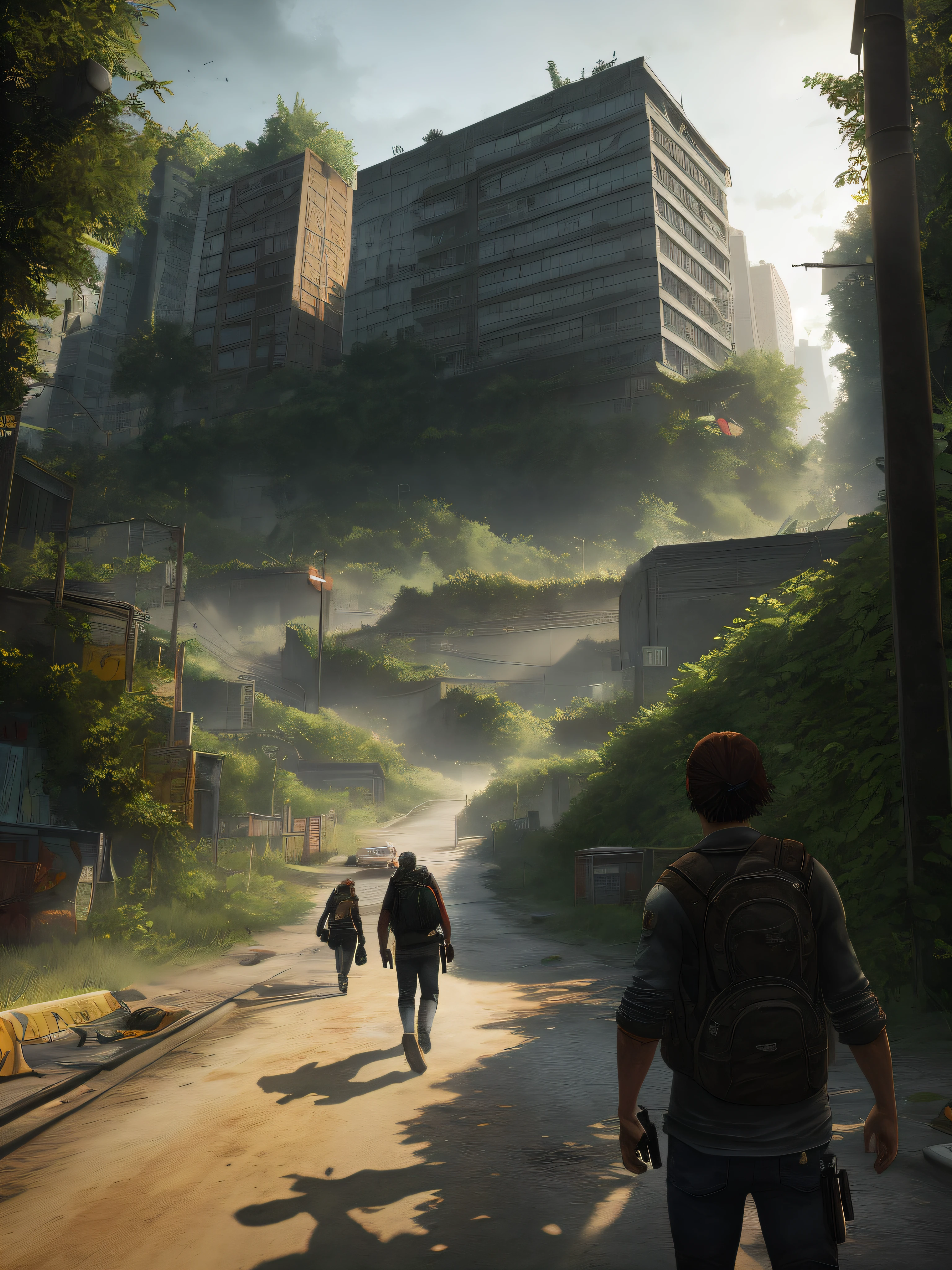 design de cidade totalmente destruida, com mortos vivos caminhando pelas ruas, Construction taken by vegetation, Jogo de Cena The Last of Us, illustration, zumbi resident evil game, caminhada nas ruas