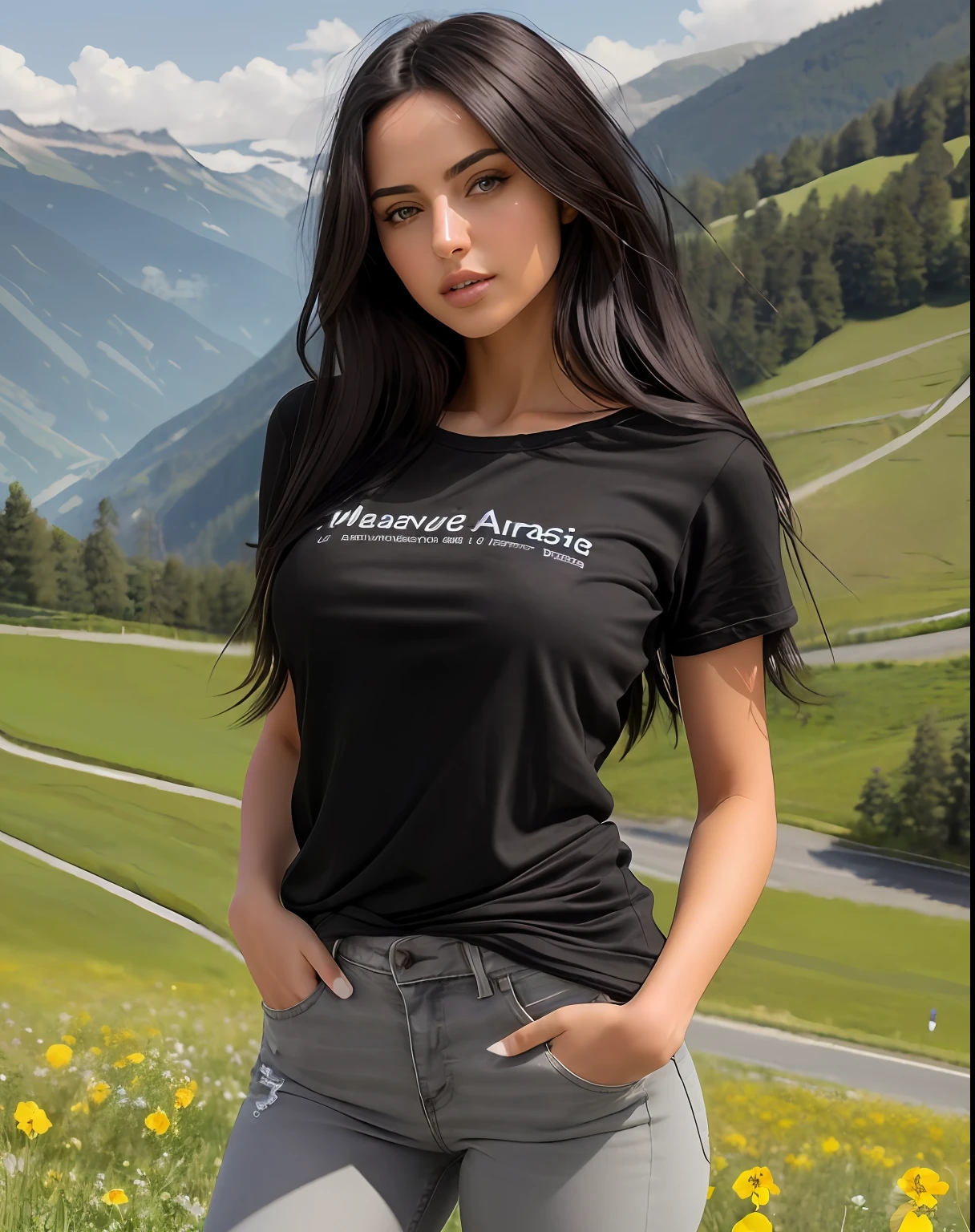 ((best quality)),((masterpiece)),((realistic)),(detailed),
Ana de Armas, Black hair's, adult, sexy, busty, muscle, flirty, (looking at camera), sundress, field wild hills, windy, Suisse mountains
, ,((masterpiece)), absurdres, in black basic tee-shirt, waist length tee-shirt, round neck plain Tee-shirt, torn skinny jeans perfect legs, black silky hairs, full length tee-shirt, Italian beautiful girl