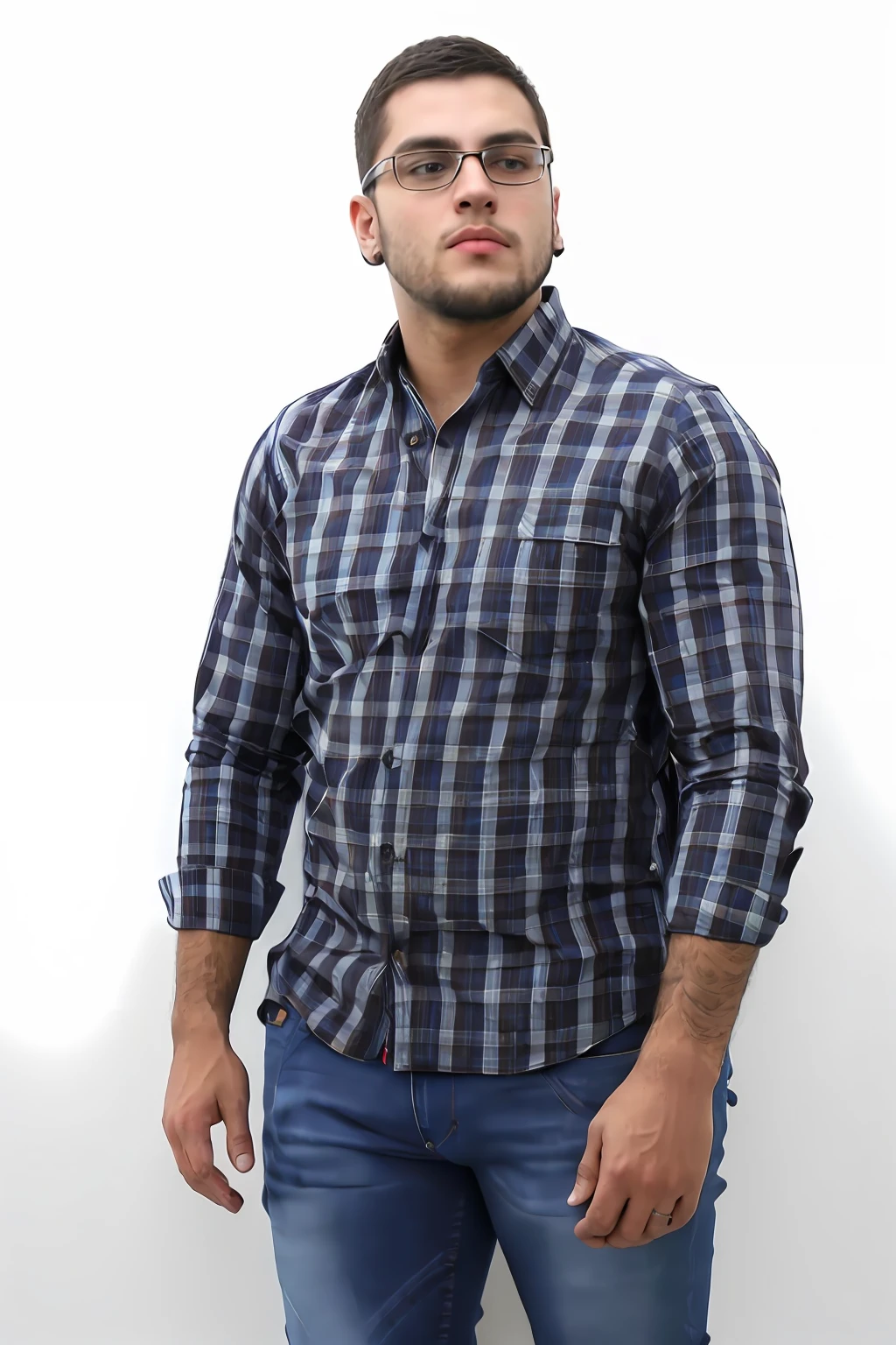 Man in plaid shirt and jeans and, imagem oficial do produto, camisa xadrez, flanela, camisa da marinha, camisa, vestindo camisa xadrez, roupas casuais modernas, imagem central, fotografia de corpo inteiro, foto de politica, cotton, vestindo uma camisa xadrez, wearing a dark shirt and jeans, 8k, detalhado