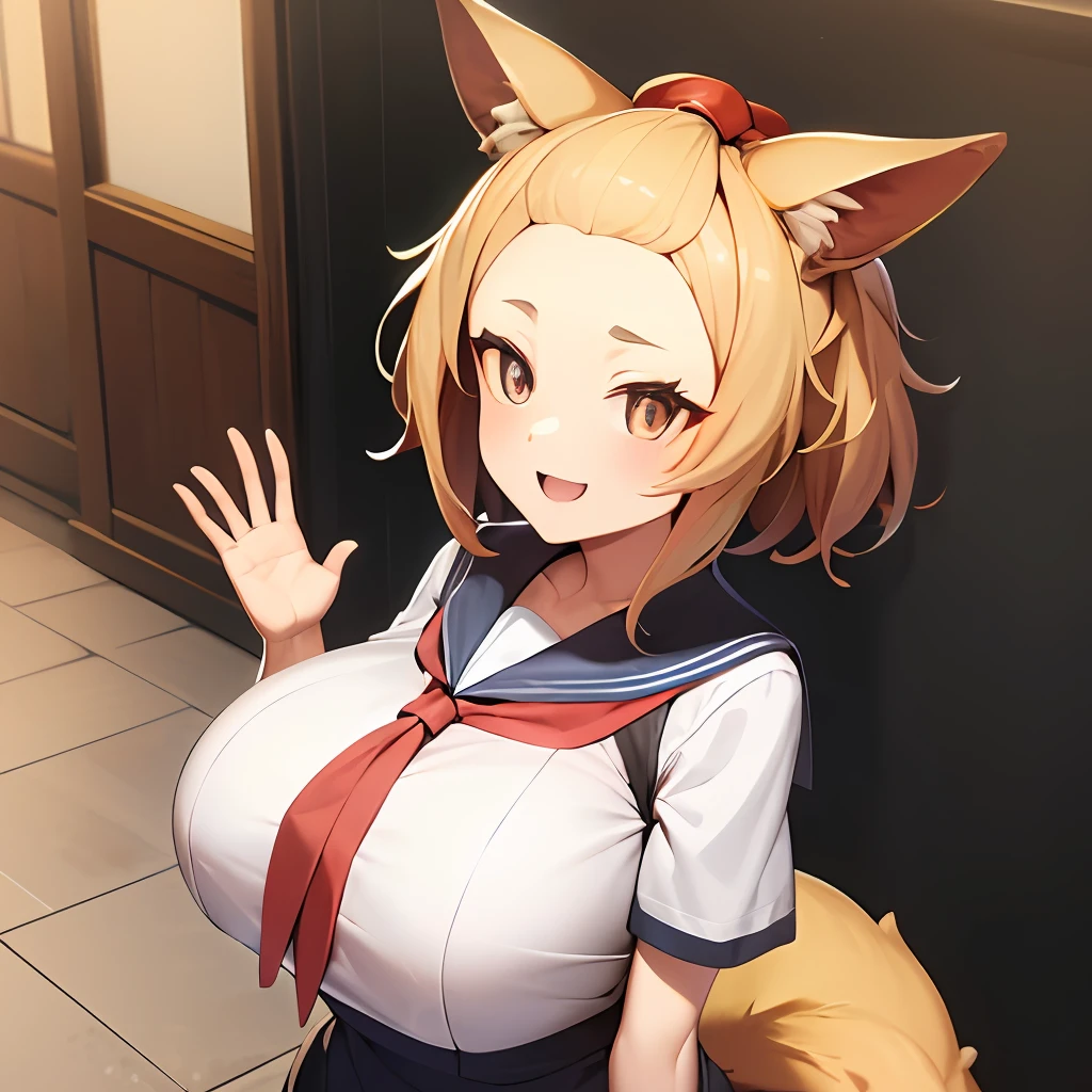 whaite hair，anime big breast，children，ember，Blue pupil，Fox ears，Foxtail，a sailor suit，naïve，adolable，Double，take hand