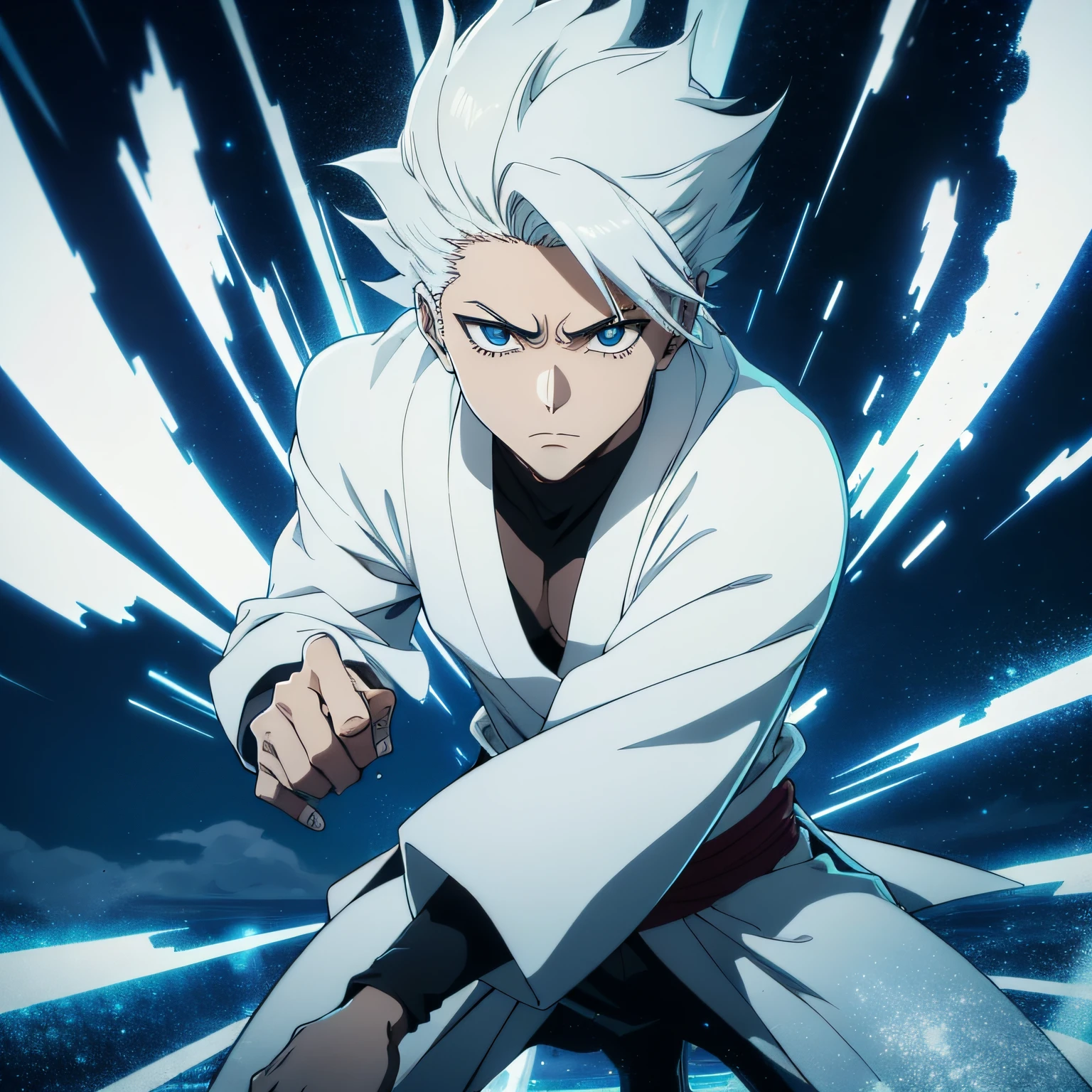 um jovem de cabelos laranja, confident expression, alto e forte, casaco branco, black handles, segurando uma espada gigante irradiando poder, ataque iminente, postura de luta, traje de luta, estilo bleach, Melhor Design de Personagens de Anime, animes style, Boy from anime manga, Shonen, Epic anime style, cinematic lighthing, Epic composition, rosto detalhado, olhos detalhados, extremamente detalhado.