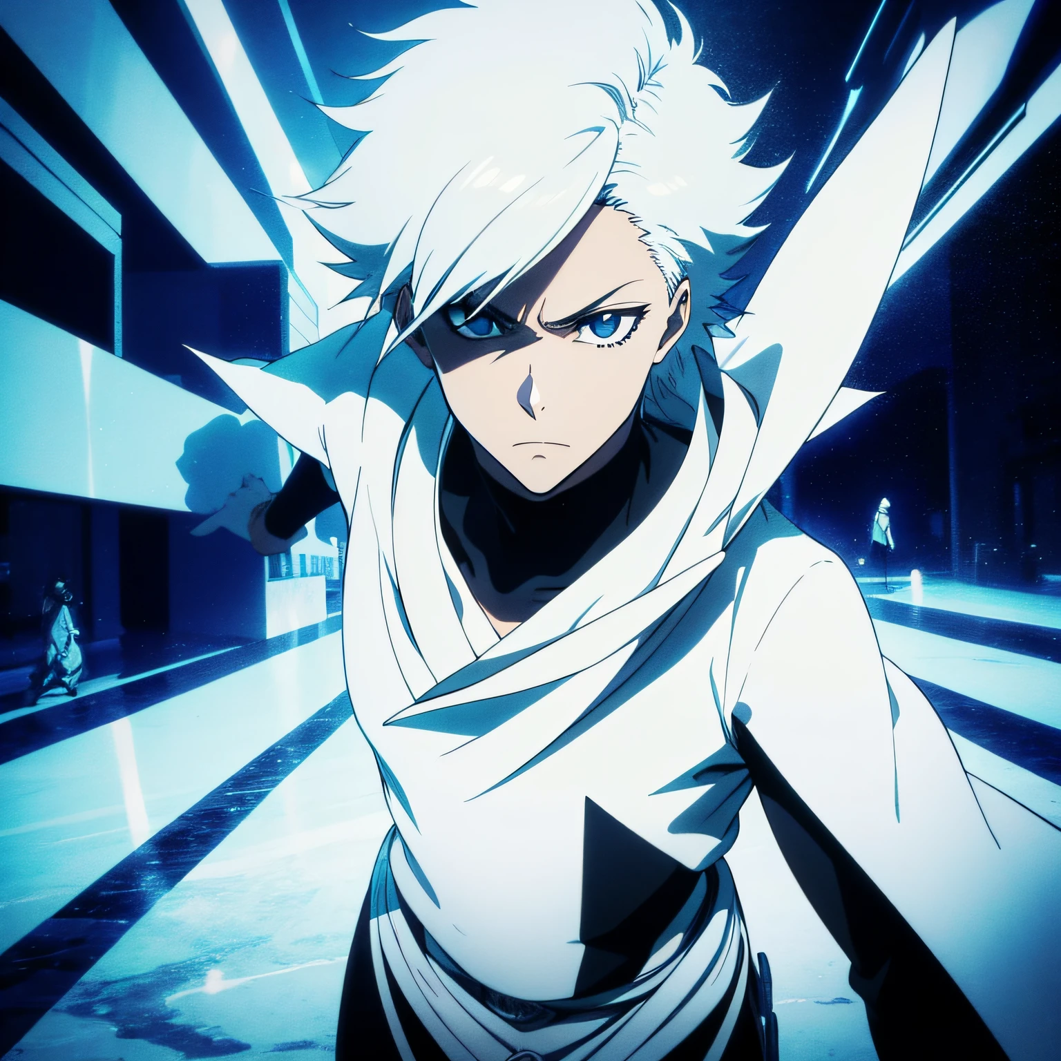 um jovem de cabelos laranja, confident expression, alto e forte, casaco branco, black handles, segurando uma espada gigante irradiando poder, ataque iminente, postura de luta, traje de luta, estilo bleach, Melhor Design de Personagens de Anime, animes style, Boy from anime manga, Shonen, Epic anime style, cinematic lighthing, Epic composition, rosto detalhado, olhos detalhados, extremamente detalhado.