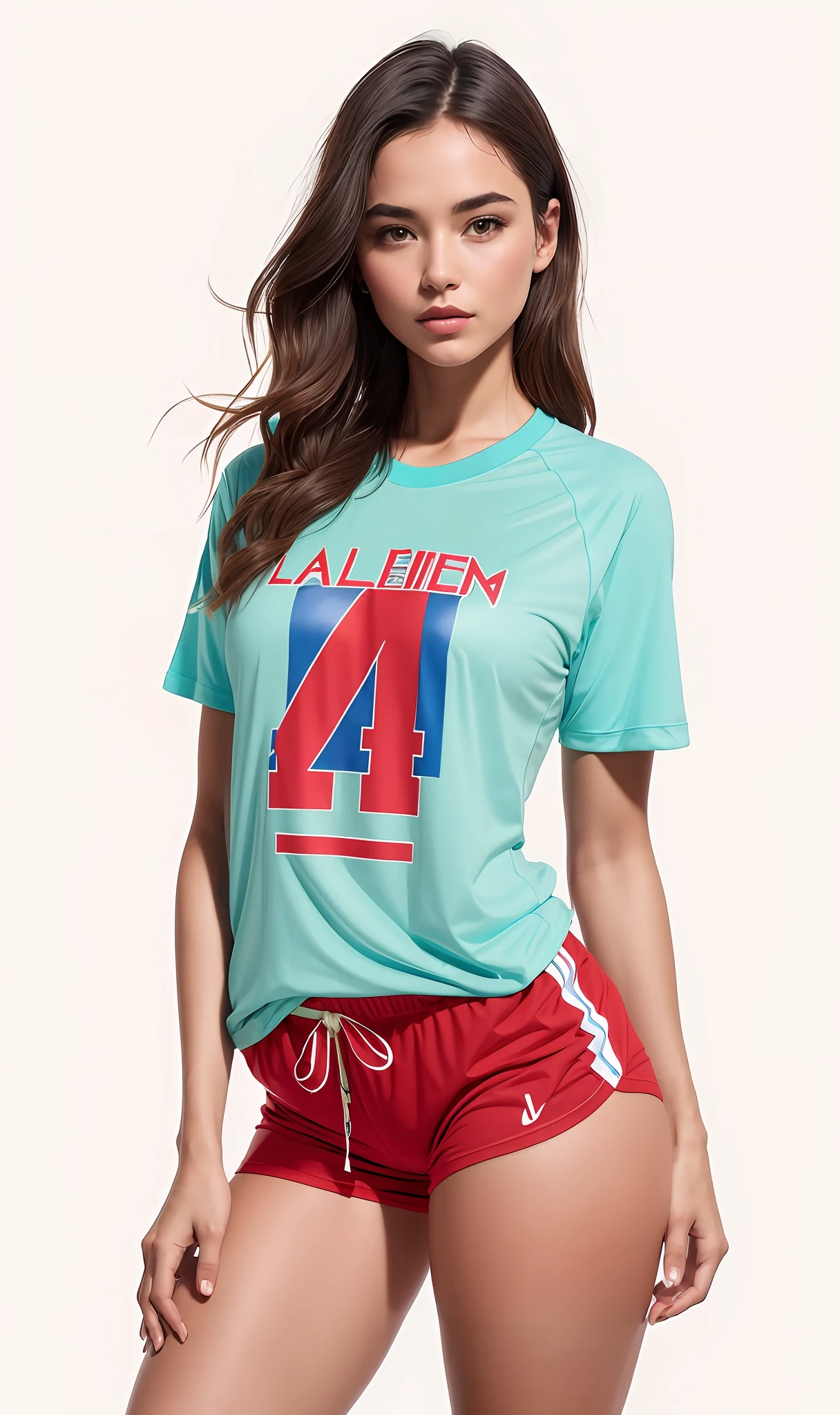 ((Camiseta apertada e shorts))