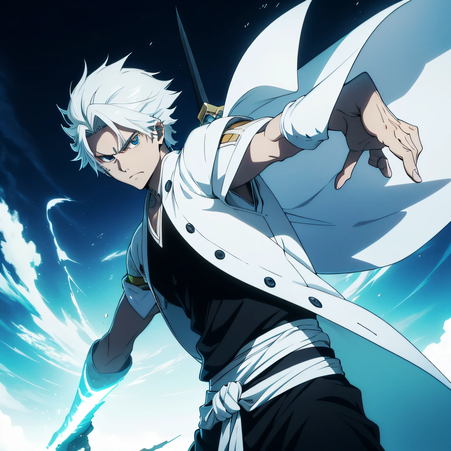 um jovem de cabelos laranja, confident expression, alto e forte, casaco branco, black handles, segurando uma espada gigante irradiando poder, ataque iminente, postura de luta, traje de luta, estilo bleach, Melhor Design de Personagens de Anime, animes style, Boy from anime manga, Shonen, Epic anime style, cinematic lighthing, Epic composition, rosto detalhado, olhos detalhados, extremamente detalhado.