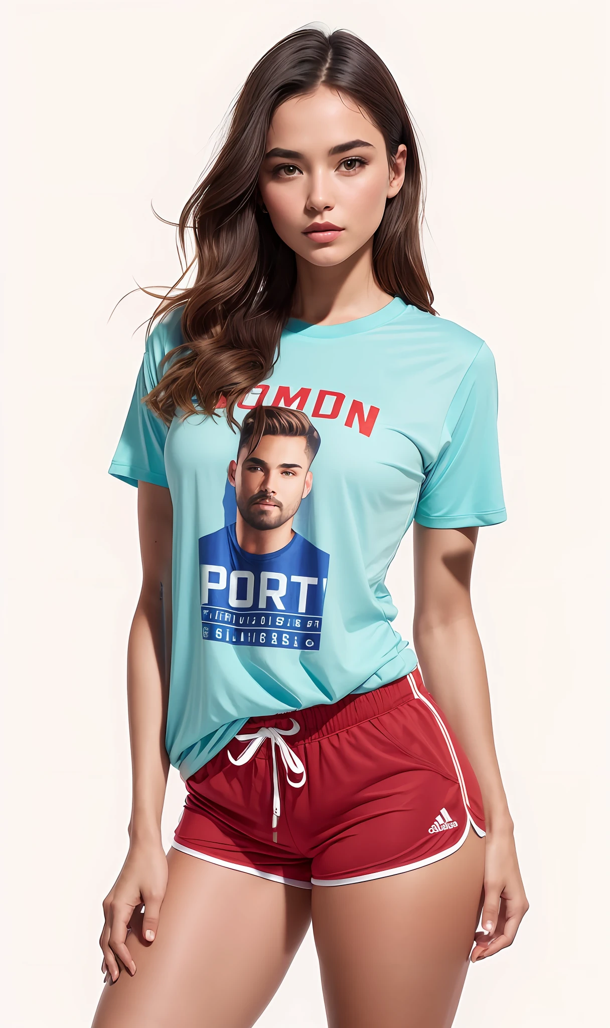 ((Camiseta apertada e shorts))