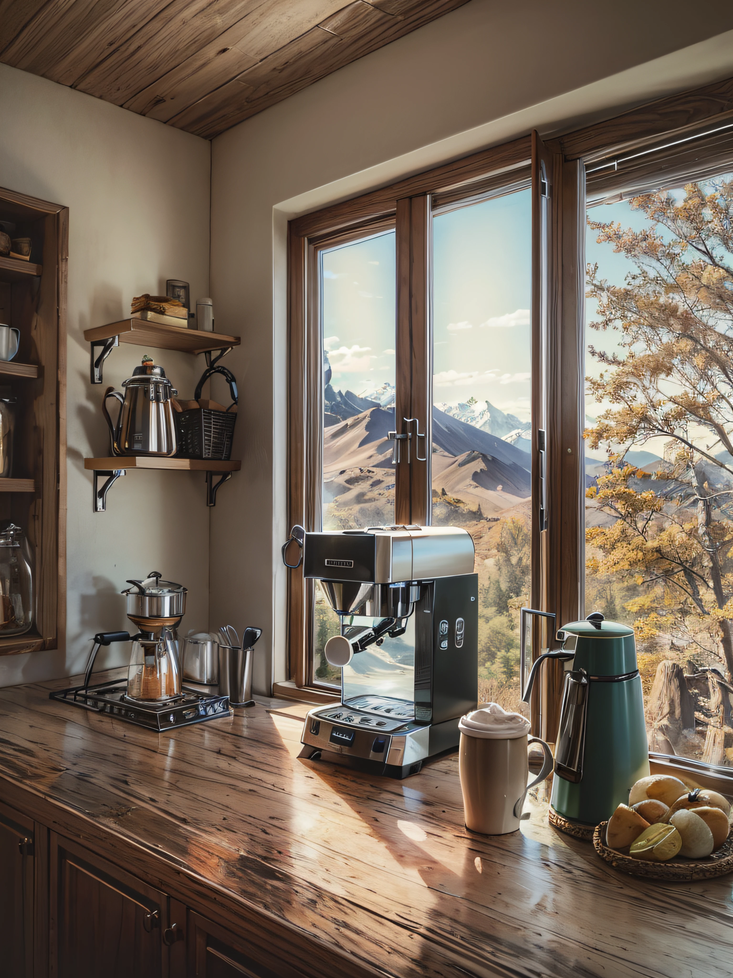 coffee machine in kitchen, mountains outside window