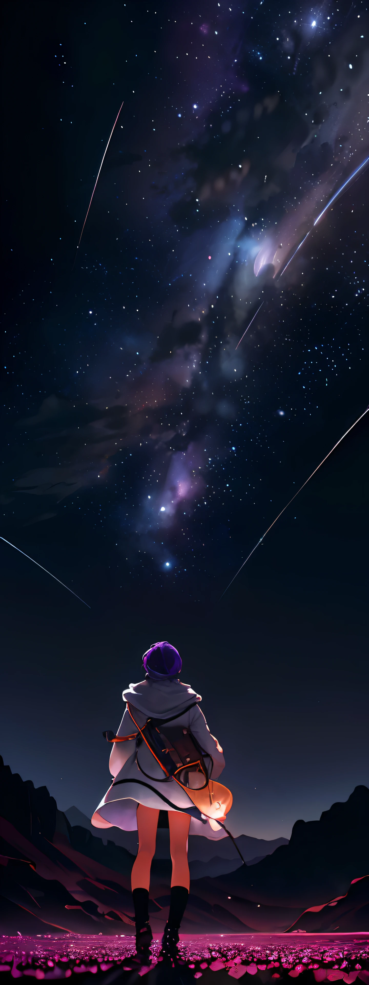 Expansive landscape photography, (look from down,You can see the sky and desert below), The girl stood in a flower field and looked up, (Planet Uranus: 1.2), (meteors: 0.9), (Starcloud: 1.3), Far Mountain, tree-breaking production art, (Warm light source: 1.2), (glowworm: 1.2), lightbulb, Purple and orange, intricately details, Volume lighting, BREAK Realism (tmasterpiece: 1.2) (best qualityer), 4K, ultra - detailed, (Dynamic configuration: 1.4), Highly detailed and colorful details, (Irridescent color: 1.2), (Bright lighting, Atmospheric illumination), visionary, magia, (Solo: 1.2)