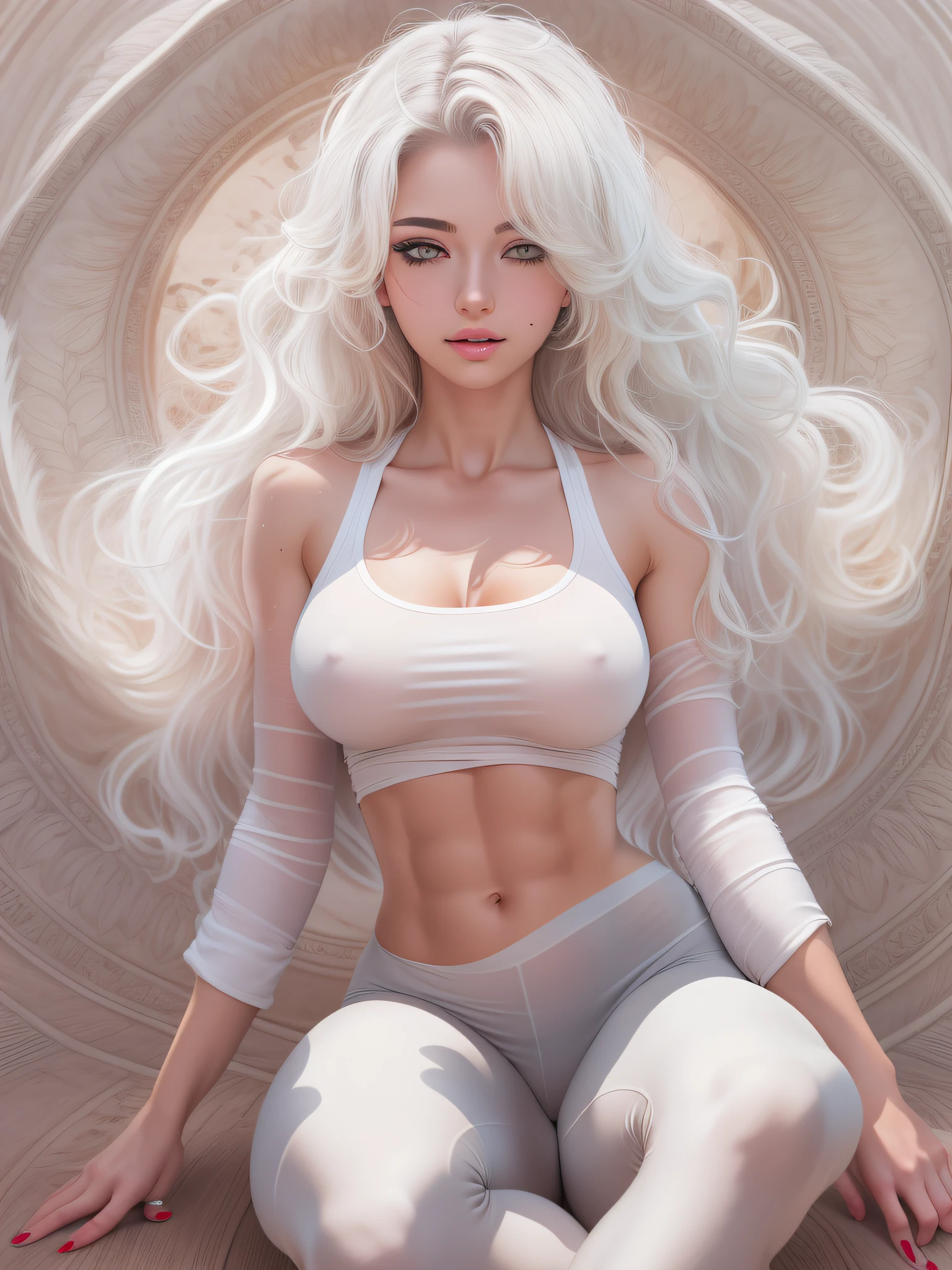 Realistic, high resolution, 1 girl, white wavy hair, Korean, heterochrome eyes, small moles under the eyes, loose white shirt, yoga pants, big breasts, long legs, tight abs, camel toes, sexually bit her lip