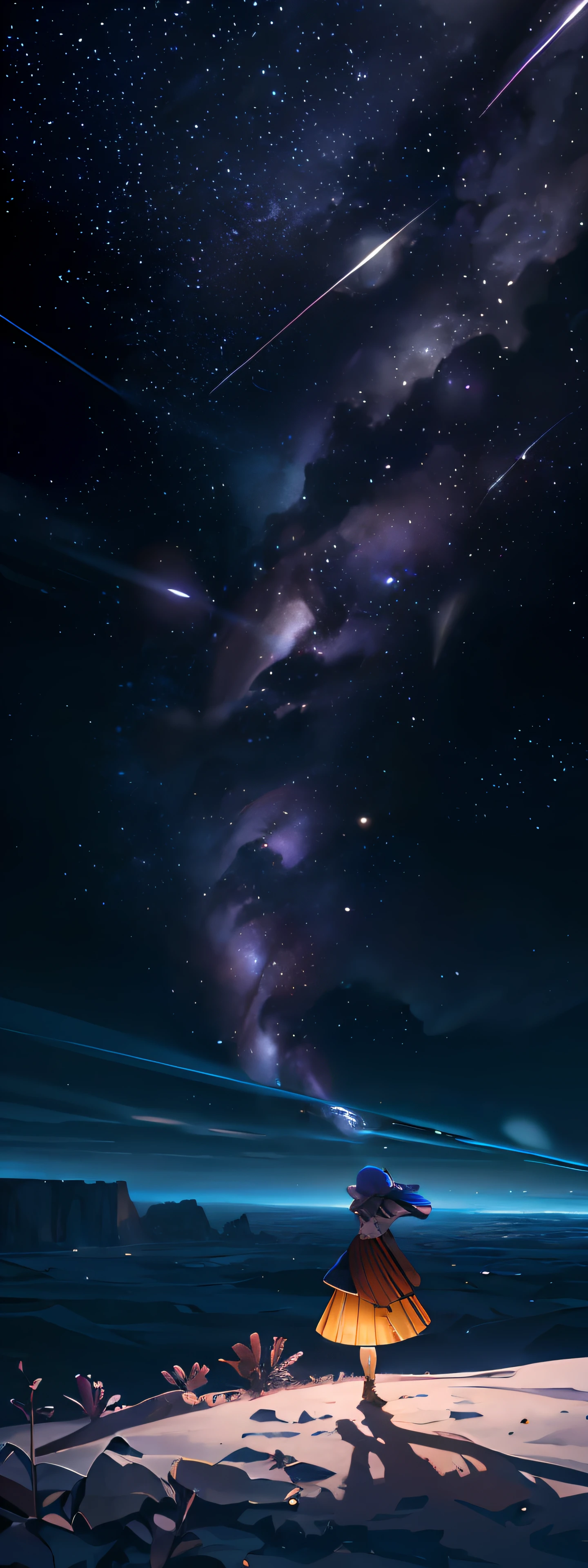 Expansive landscape photography, (look from down，You can see the sky and desert below), The girl stood in a flower field and looked up, (Planet Uranus: 1.2), (meteors: 0.9), (Starcloud: 1.3), Far Mountain, tree-breaking production art, (Warm light source: 1.2), (glowworm: 1.2), lightbulb, Purple and orange, intricately details, Volume lighting, BREAK Realism (tmasterpiece: 1.2) (best qualityer),  4K, ultra - detailed, (Dynamic configuration: 1.4), Highly detailed and colorful details, (Irridescent color: 1.2), (Bright lighting, Atmospheric illumination), visionary, magia, (Solo: 1.2)