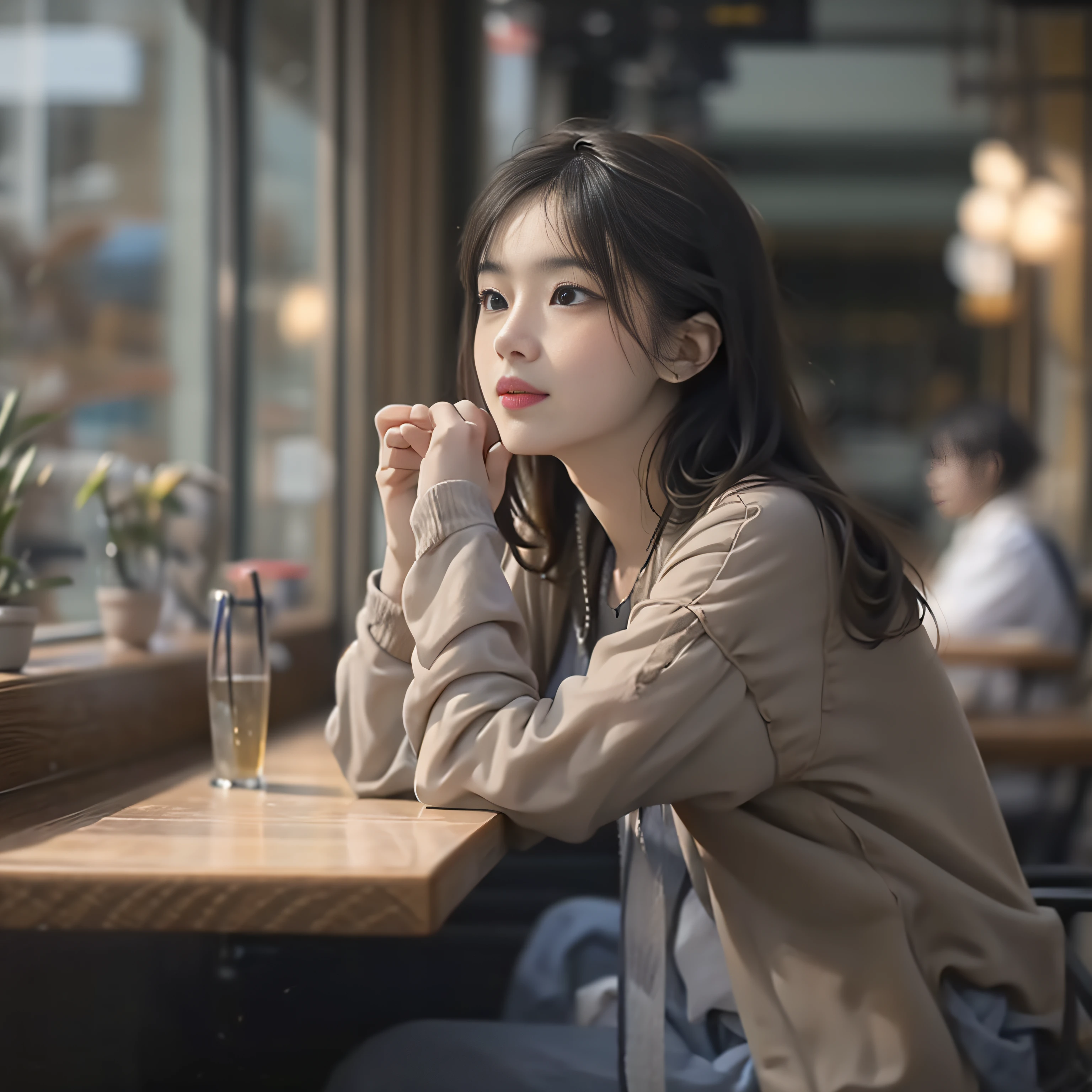 there is a woman that is sitting in front of a table, Beautiful woman in her 20s,(Soft smile),A smile,thinking pose, thoughtful expression, A well-thought-out vision, Thoughtful ), thoughtful pose, Thoughtful, sidewayglance, A young Asian woman, pensive expression, sitting in a café, Young Asian woman, cute young woman, she has a distant expression, profile pose, best qualtiy,extremely detailed CG unity 8k wal,电影灯光,ssmile,