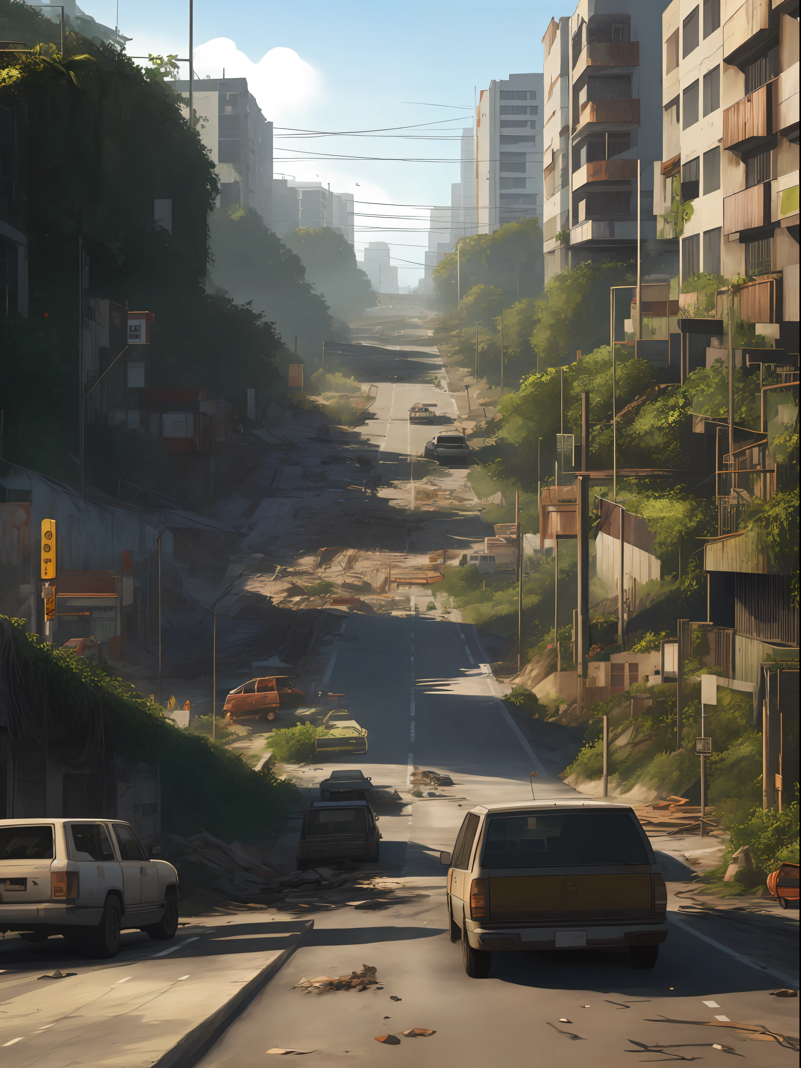 design de cidade totalmente destruida, ruas destruidas, ruas vazias, Muros altos, zona proibida, Construction taken by vegetation, Jogo de Cena: the Last of Us, illustration