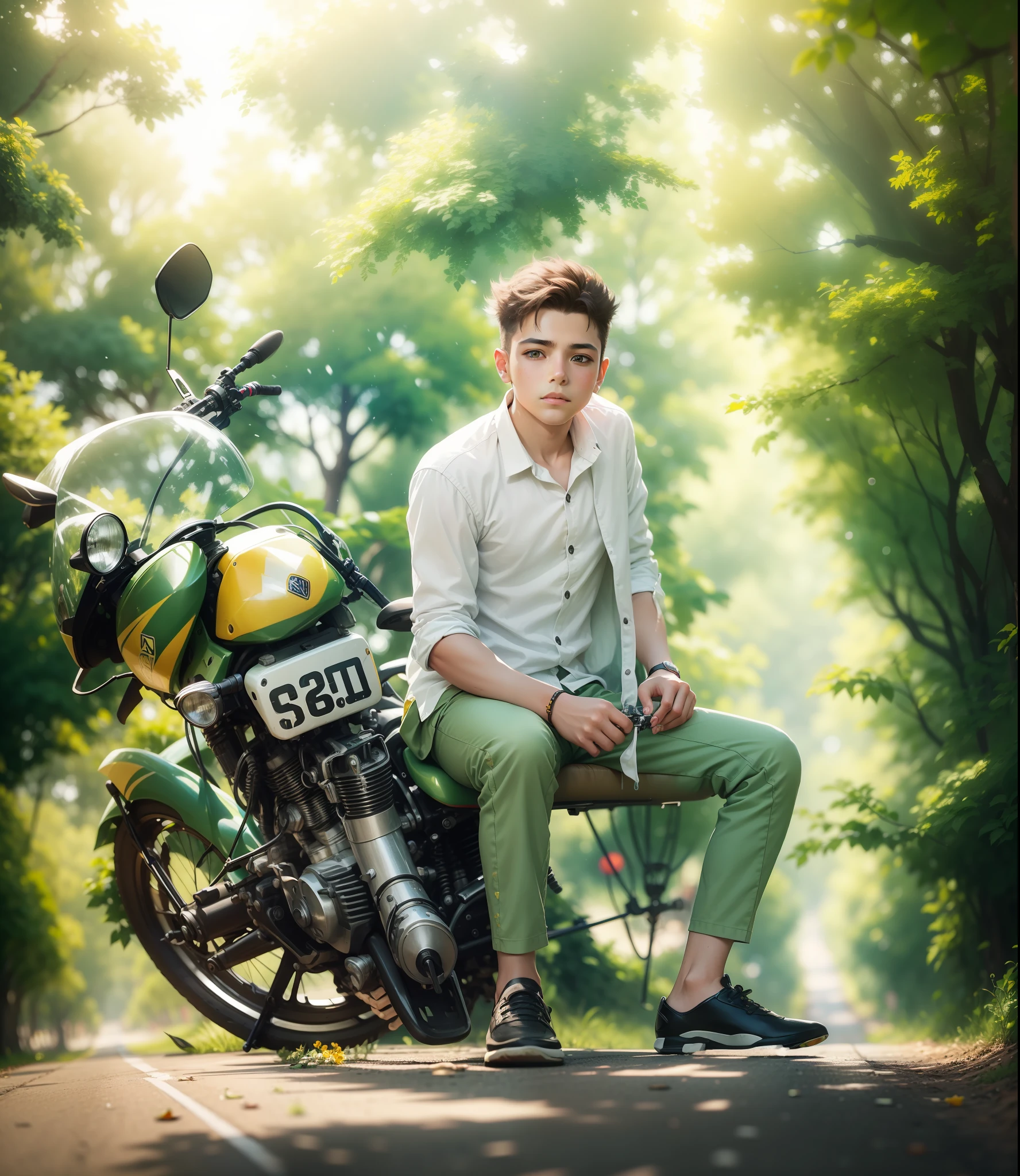 I am a boy sitting in a bullet bike on the road, there are trees and flowers on the side of the road, I am wearing white shirt paint, the background is blurred with bokeh effect, green and yellow color transitions ultra high quality picture realistic picture genrate