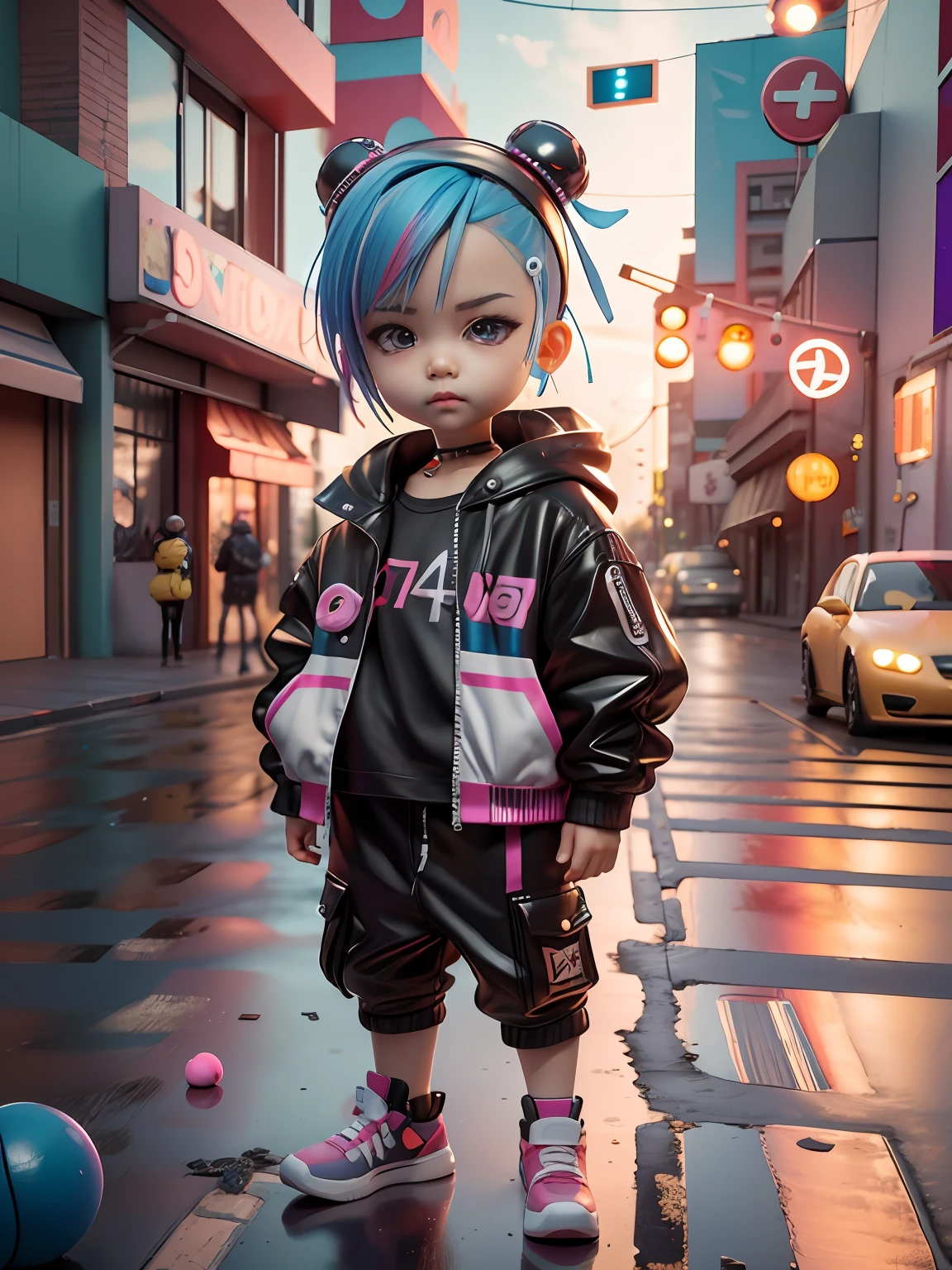 3d toy, 3d rendering, ip, cyberpunk style, chibi, cute little boy, mask, simple background, best quality, c4d, blender, 3D MODEL, TOYS, VIVID COLORS, STREET STYLE, HIGH RESOLUTION, A LOT OF DETAILS, PIXAR, CANDY COLORS, BIG SHOES, FASHION TRENDS, ART