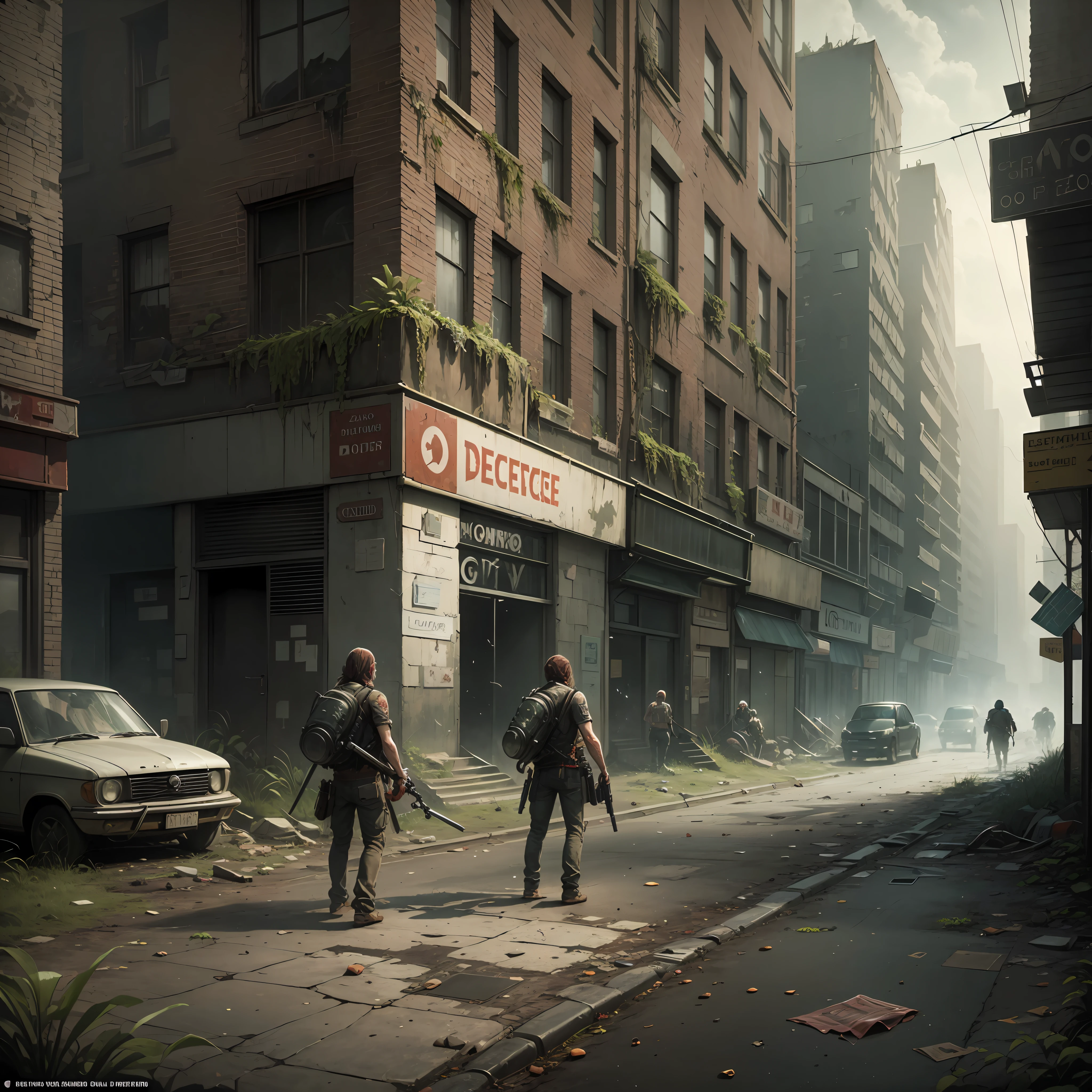 Zumbis no estilo the last of us game, decadence, apocalyptic style, horror, a lot of bullet casings on the floor, A group of zombies from behind, A city overrun by vegetation, oppression, disco Rigido, 4k, um monte de detalhe