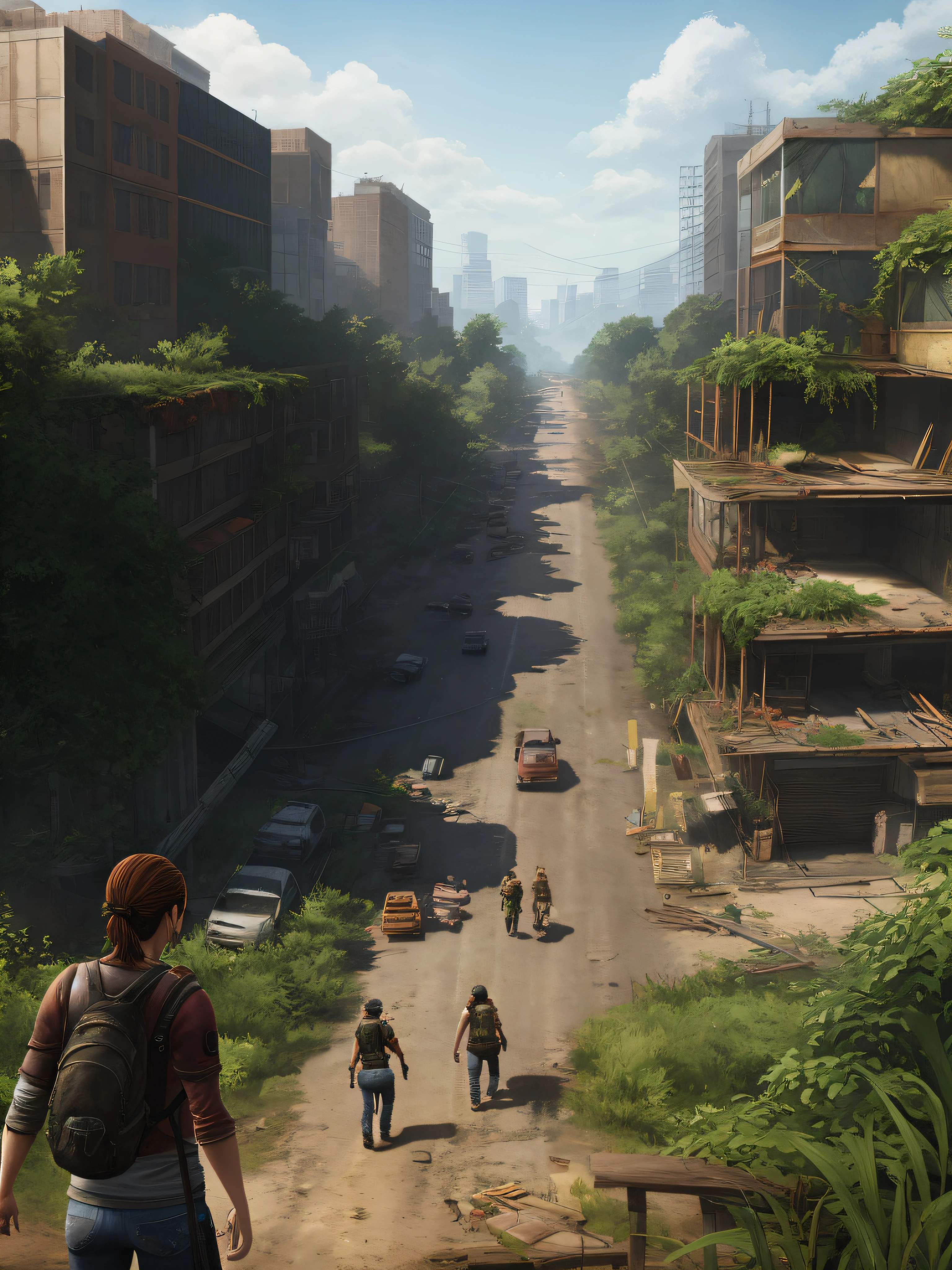 design de cidade totalmente destruida, ruas sem pessoas, Construction taken by vegetation, Jogo de Cena: the Last of Us, illustration, Jogo de Zumbi Resident Evil,