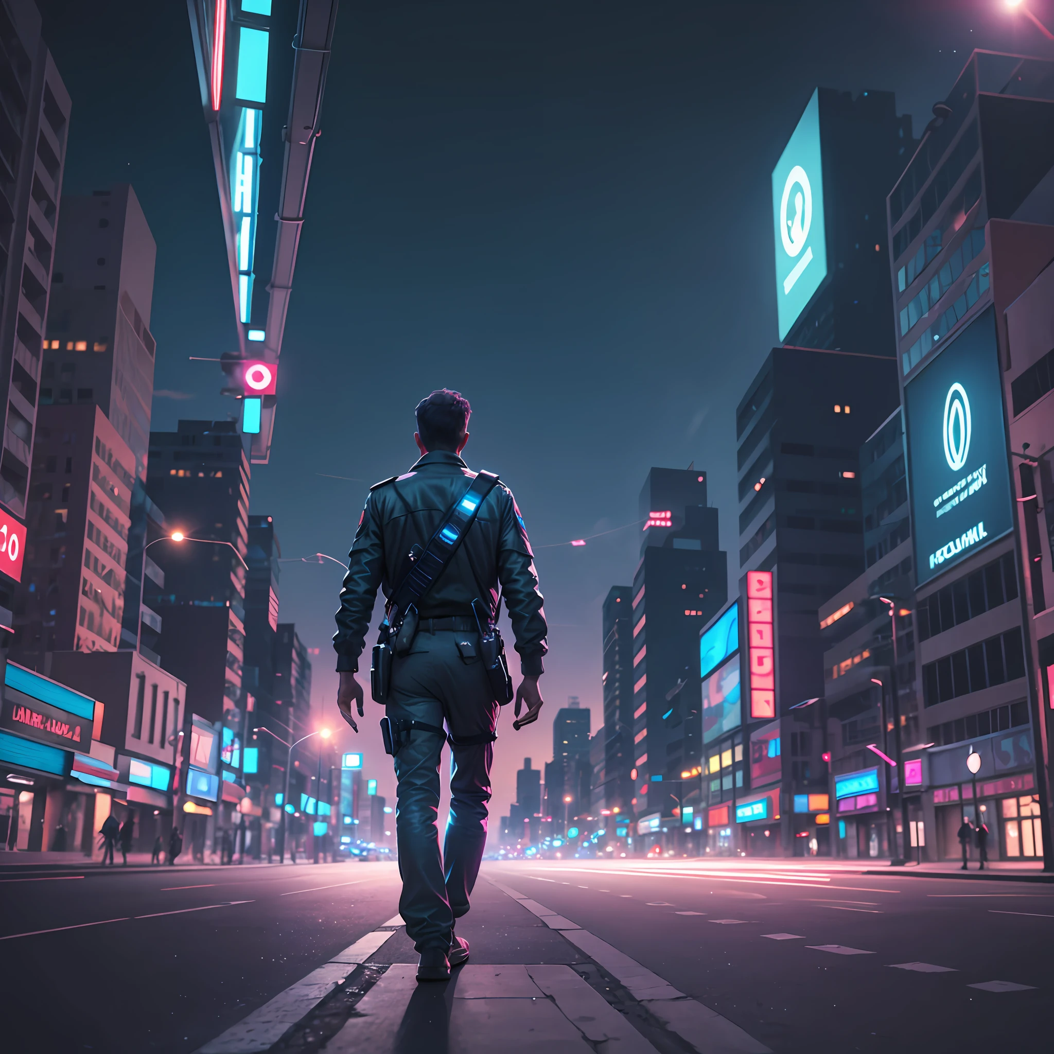 a pilot walking at night on a street of a futuristic and deserted city, with holographic ads, realistic image, HD, 1920x1080 --auto --s2