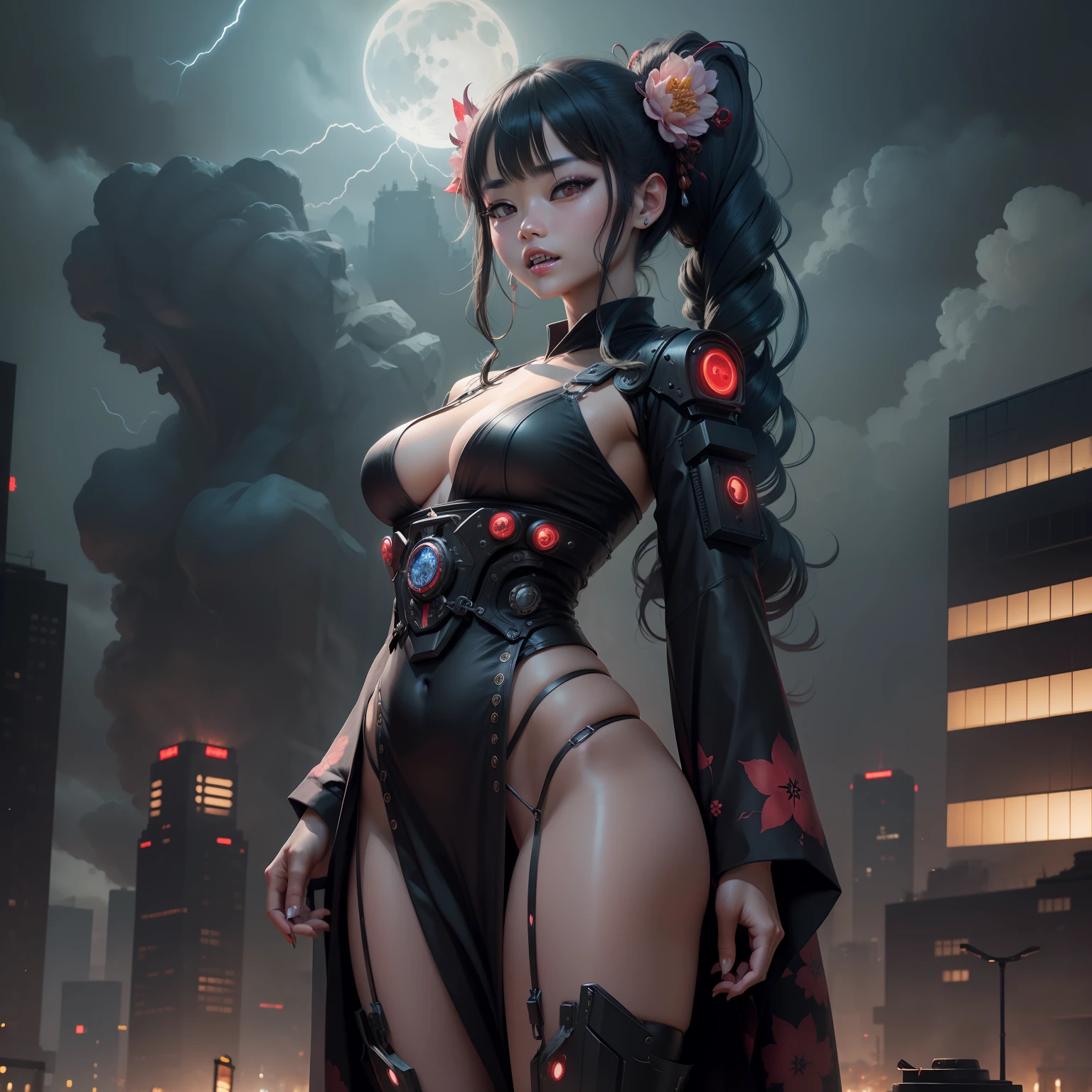 high detailed face, realistic, fixed face, japanese girl, demon eyes, demon teeth