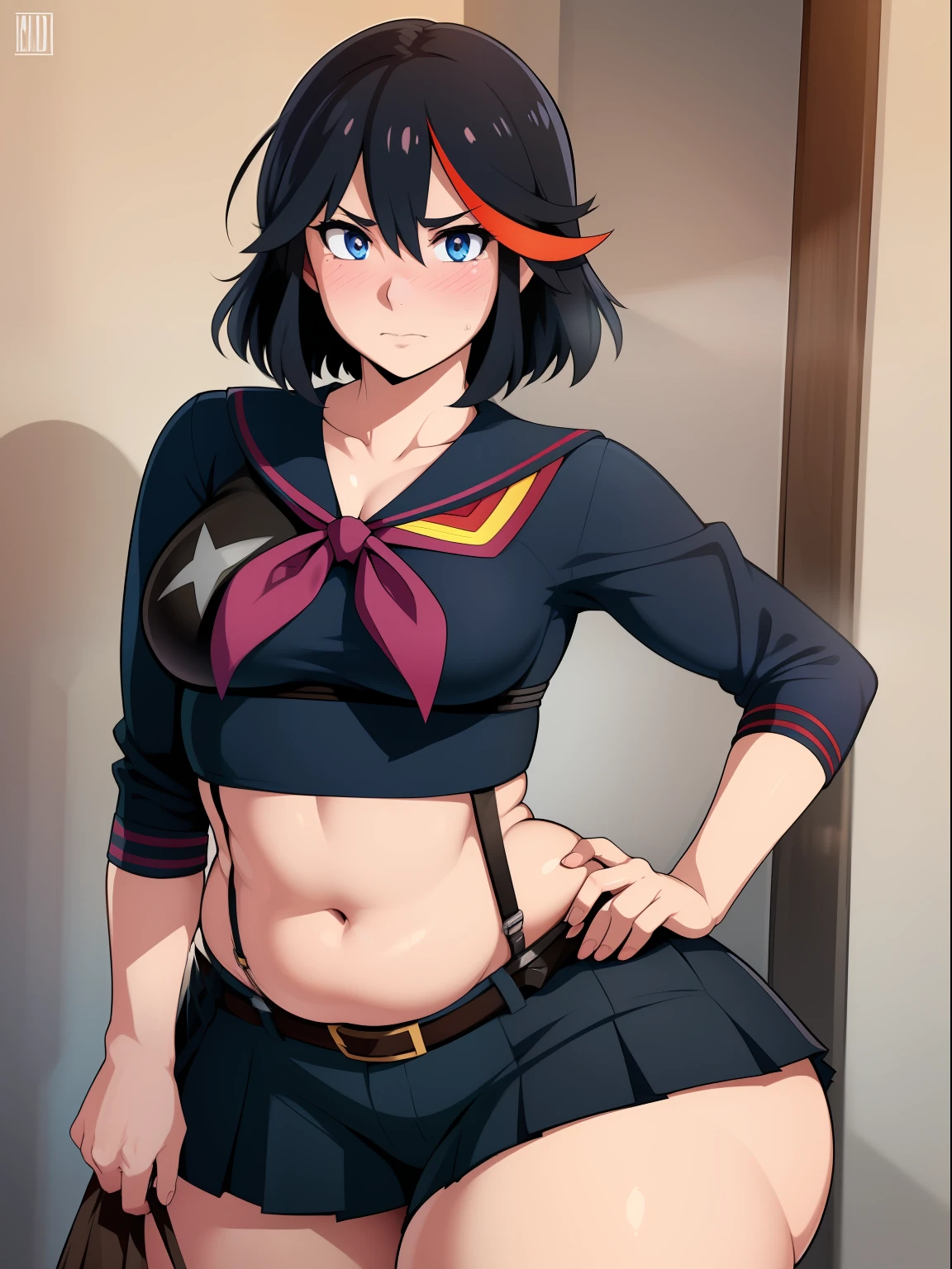 ((kipteitei art)), ((masterpiece)), (((best quality))), ((ultra-detailed)), (((illustration))), detailed face, ultra cute face, detailed body, ((1girl)), ((solo)), matoi_ryuuko:1.3, blush, embarrassed, black hair, fluffy hair, suspenders, multicolored hair, skirt, short_hair, red hair, serafuku, streaked hair, midriff, senketsu, pleated skirt, hand on hip, looking at viewer, cowboy shot, medium breasts, perky breasts, ((wide hips)), (((thick thighs))), (pudgy belly), fat rolls, soft belly,