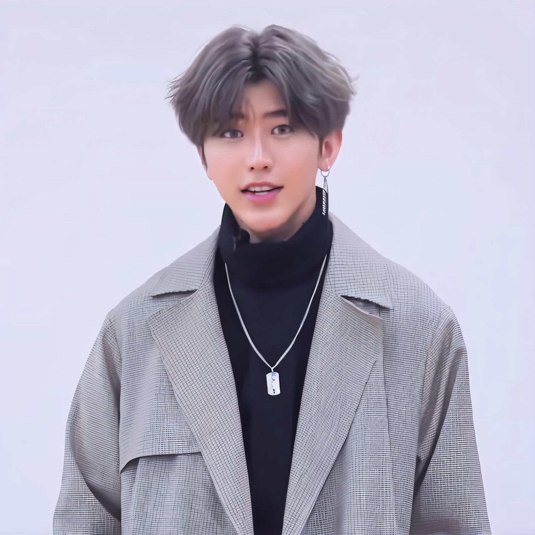 high high quality，A man wearing a necklace and coat stands in front of a white background, Cai Xukun, yanjun cheng, wearing a turtleneck and jacket, he is wearing a brown sweater, he has short curly brown hair, inspired by jeonseok lee, he has an elongated head shape, xqc, with same hairstyle, Solid Backgroud