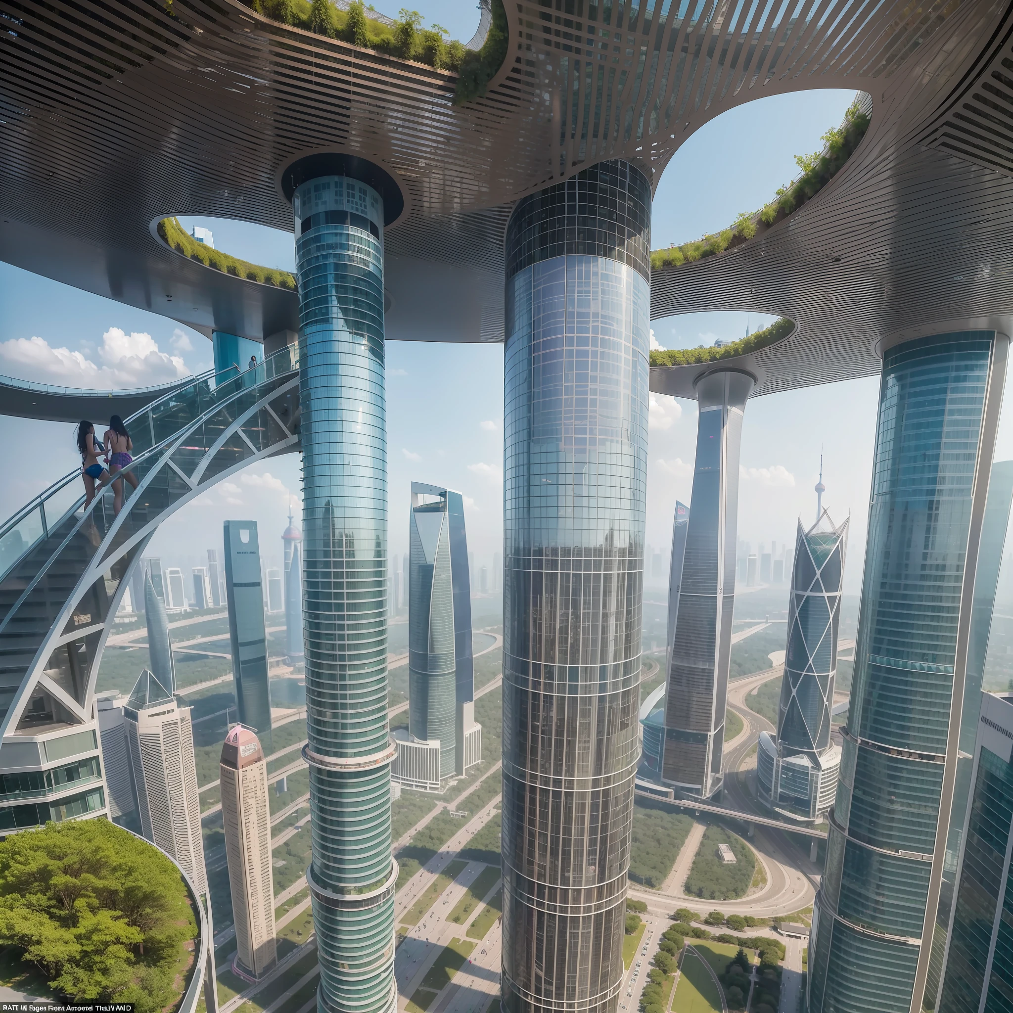 There is a fifth of the forest around，The sky is colorful，Located on the 108th floor of the Shanghai Tower on the Bund in Shanghai，Three 13-year-old girls in bikinis frolic in the pool by the floor-to-ceiling windows，High-altitude helicopters fly by from a distance