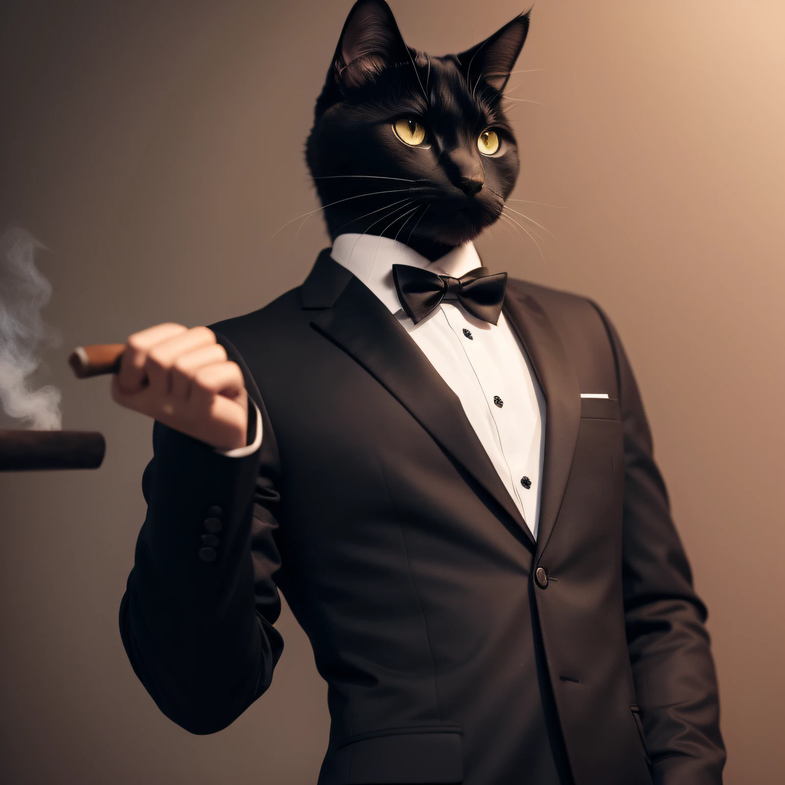 cat, in a black suit, smokes a cigar