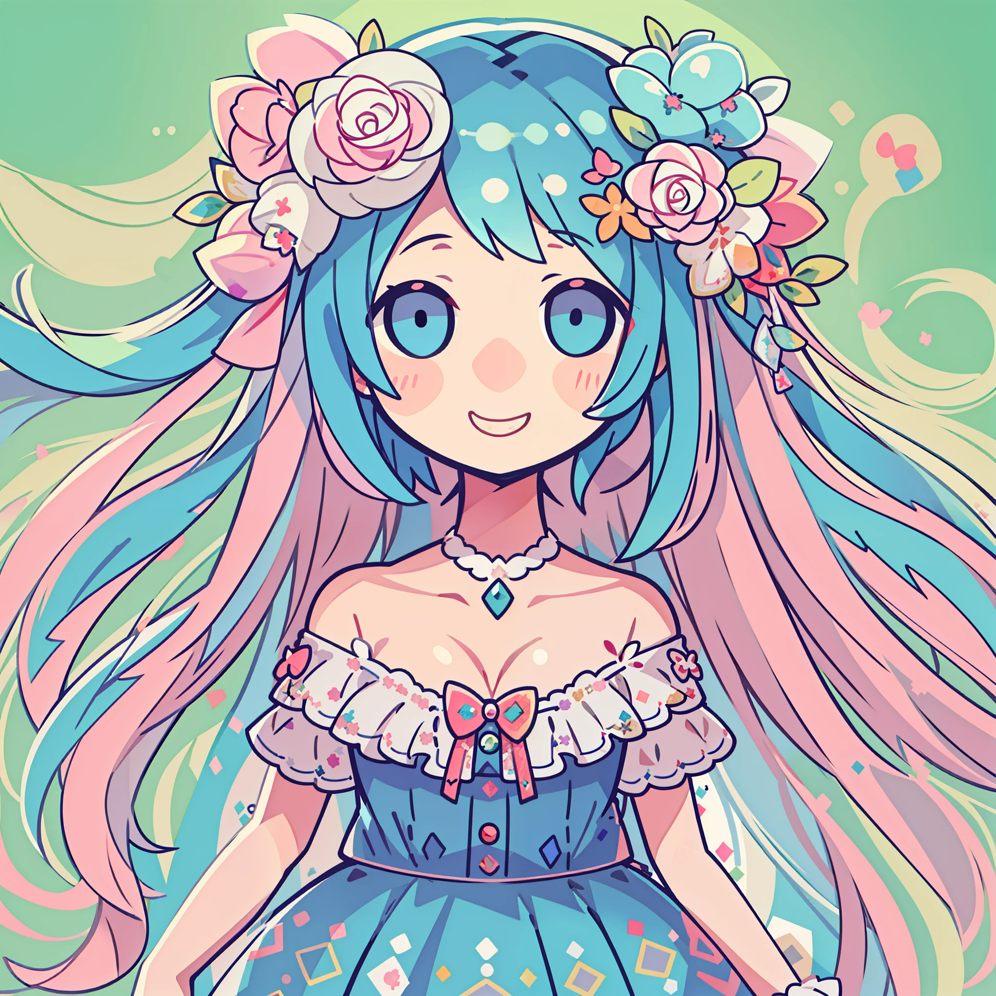 Uma garota ,fofa , cabelo detalhado rosa e azul, duas cores no cabelo, um vestido kawaii, fundo kawaii, fundo detalhado, garota sorrindo