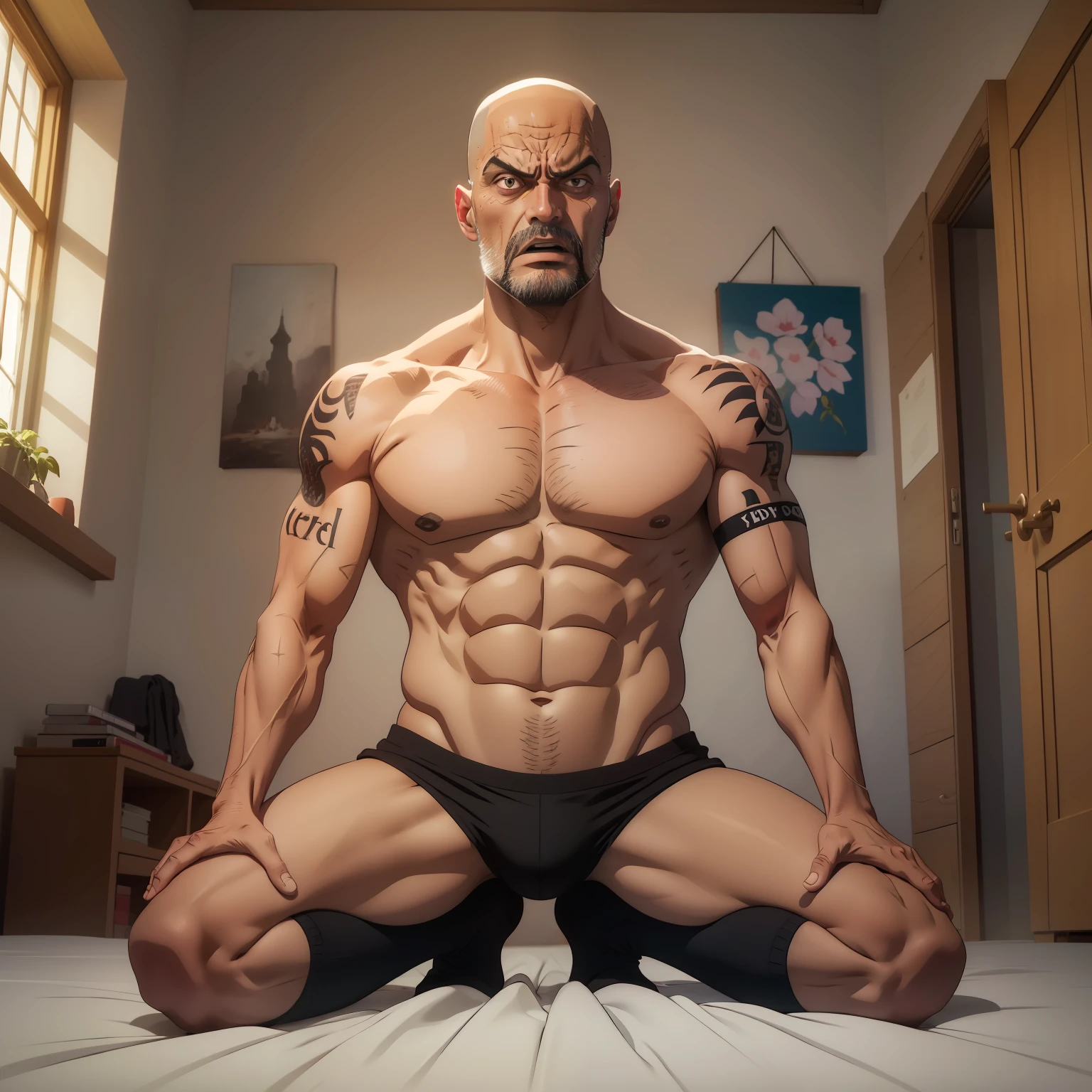 aged 40，Guardiola，Tong，Bulge，onbed，black long socks，the feet，lbeard，fortitude，artwork of a，tmasterpiece，k hd，angry look，Be red in the face，Kneeling