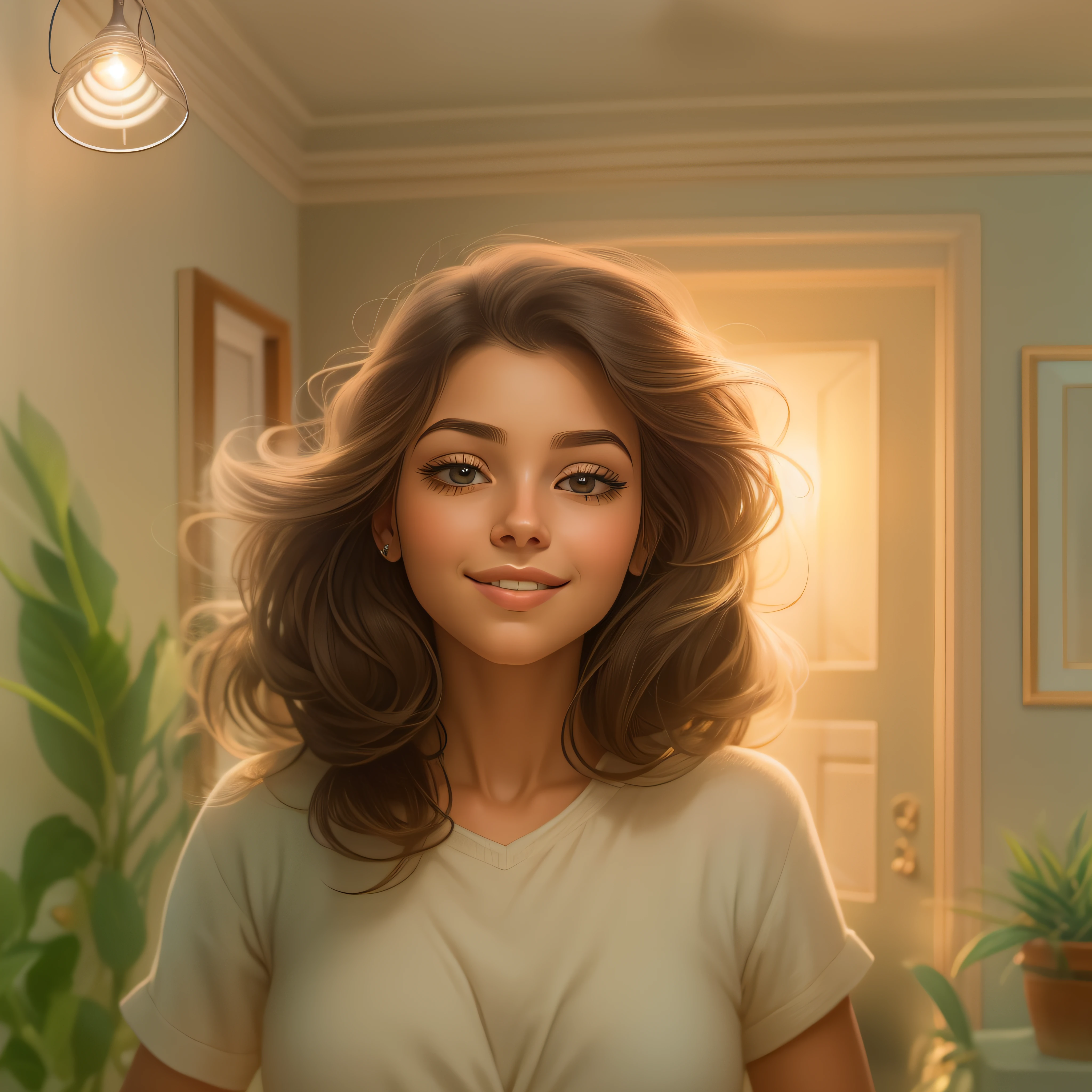 mulher abrindo a porta, cabelo branco e brilhante, inside a spacious and cozy house, with soft lighting and soft colors. Her expression is serene and calm, no estilo de desenho animado.