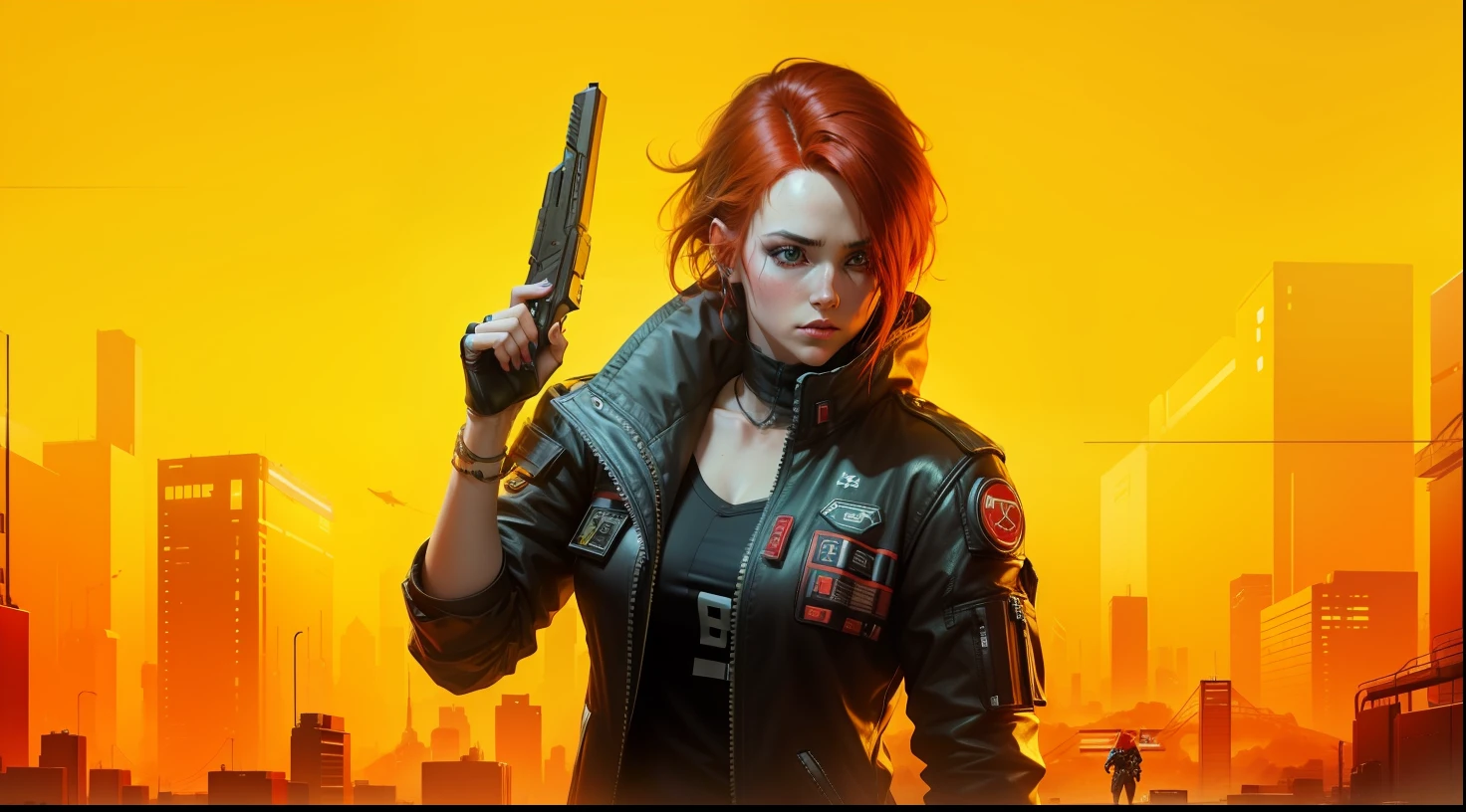 Cyberpunk, video games, yellow background, beautiful white woman with dark red hair wearing a jacket and holding a pistol