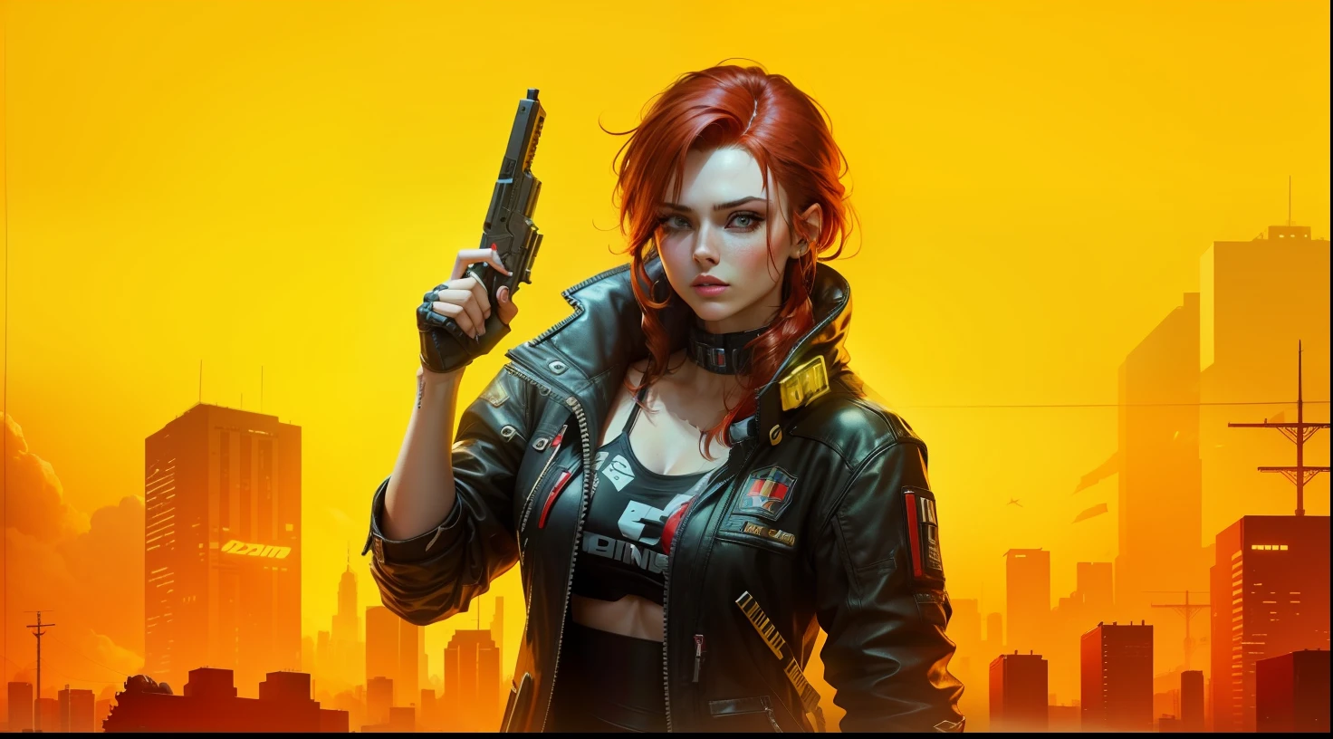 Cyberpunk, video games, yellow background, beautiful white woman with dark red hair wearing a jacket and holding a pistol