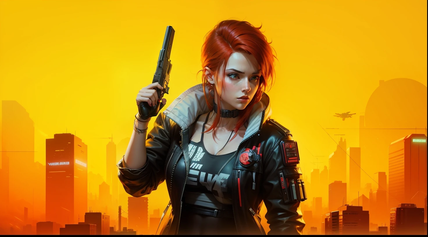 Cyberpunk, video games, yellow background, beautiful white woman with dark red hair wearing a jacket and holding a pistol