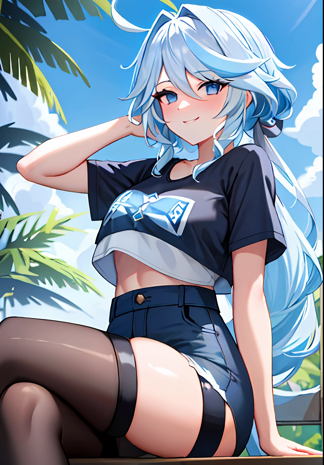 (masterpiece, best quality, ultra-detailed), focalors \(genshin impact\), (blue sea hair), cone hair bun, twin tails, long hair, swept bangs, braid, braided bangs, blue eyes, blue eyes,
(wearing a t-shirt:1.2), sitting on a chair outside of caf, embracing the natural beauty, sunlight, beautiful cloudy sky, city, street, denim shorts, black stocking,
medium breasts, thick thighs, critical angle, cowboy shot, arm behind head, arm behind back, armpits, light smile, crop top, strong and seductive expressions,,