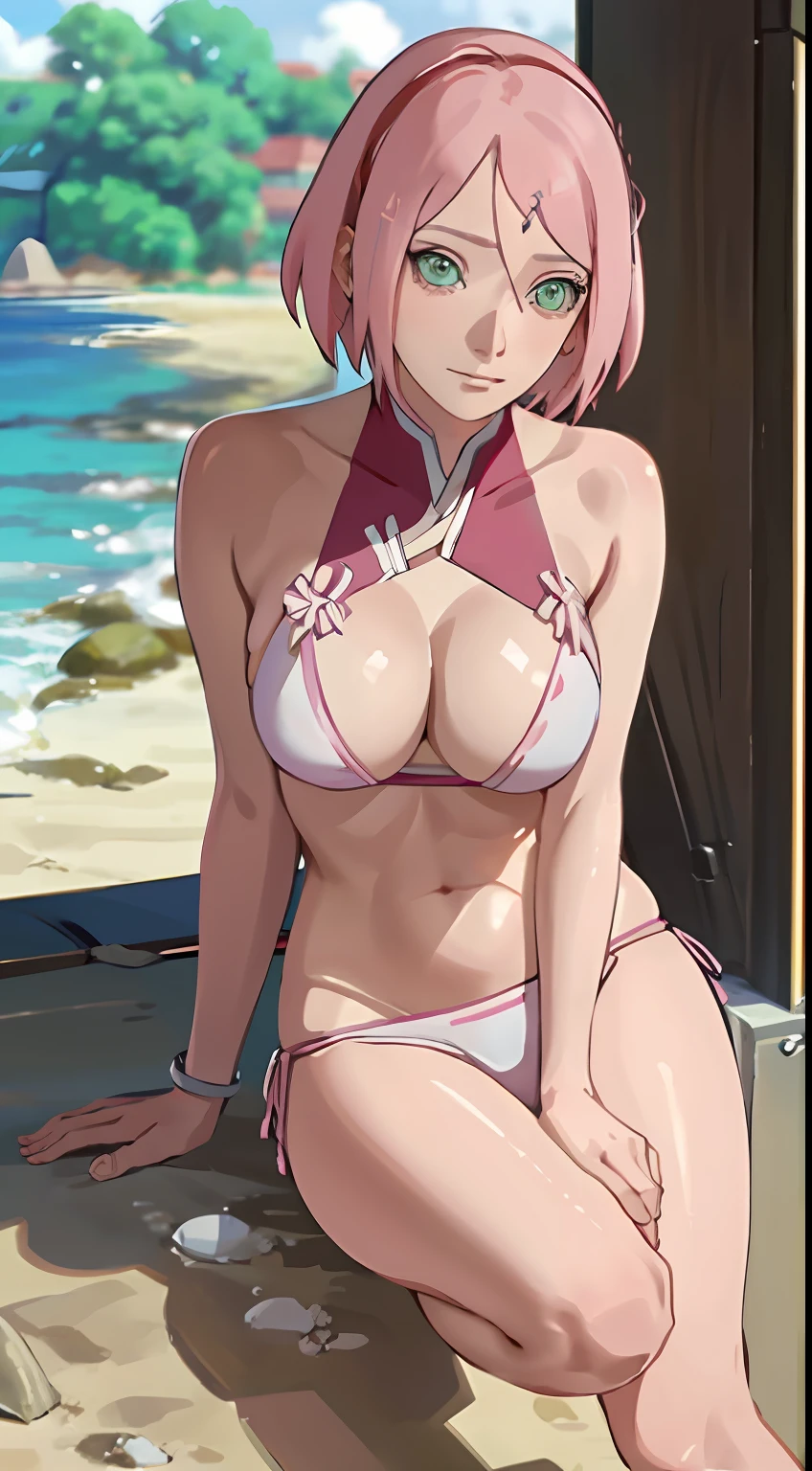 Haruno sakura, short hair, medium breast, cleavage, navel, slim legs, pink hair, white side tie bikini, bokeh, beach, sunny day, sparkling eyes, detailed eyes, pupil, full body