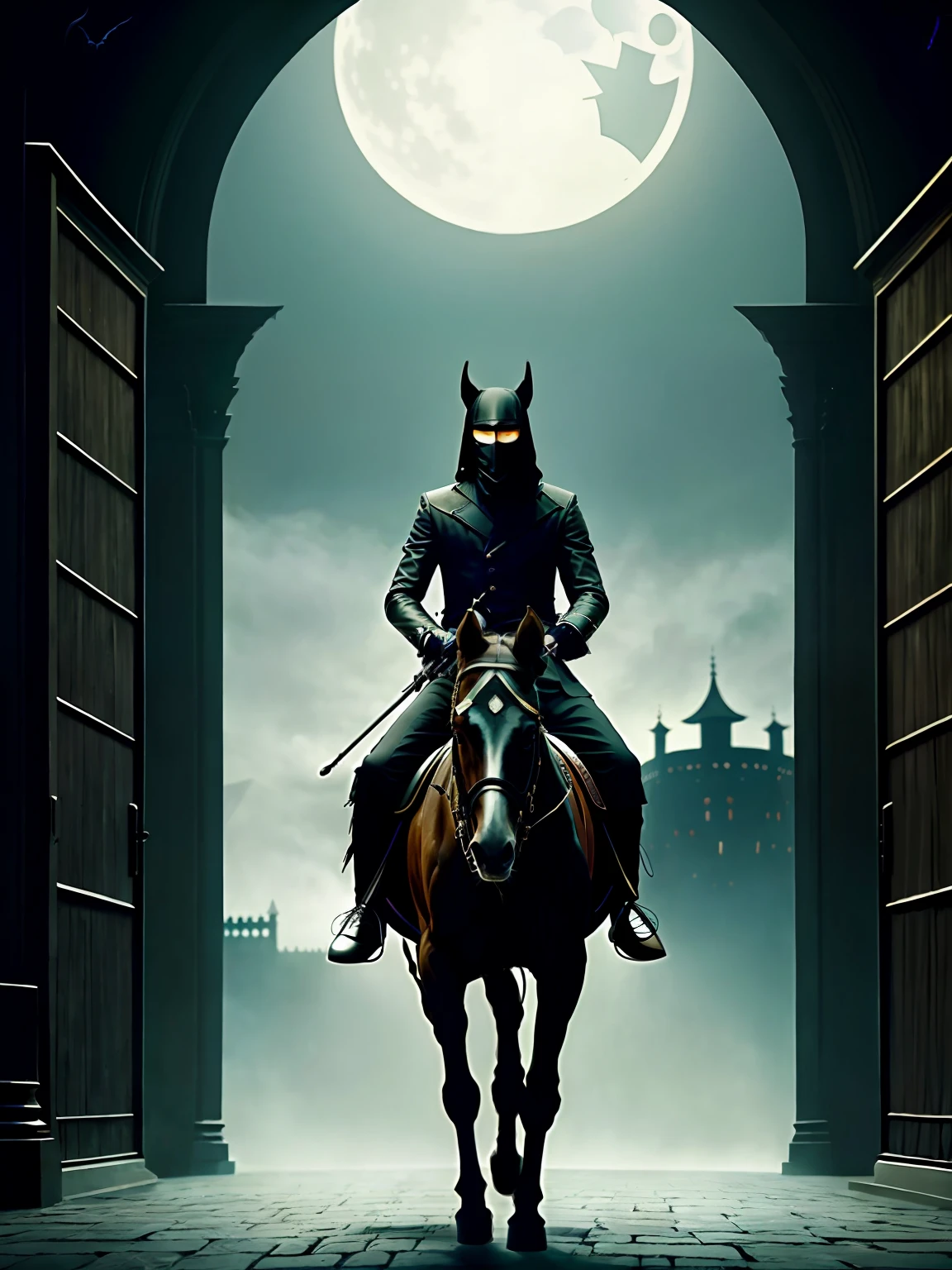 A night of masterpieces,High detail performance, Optimize style, Spooky masks, The rider rides the horse, Old city gate background, Long wand in hand,The dark style is full of majesty。