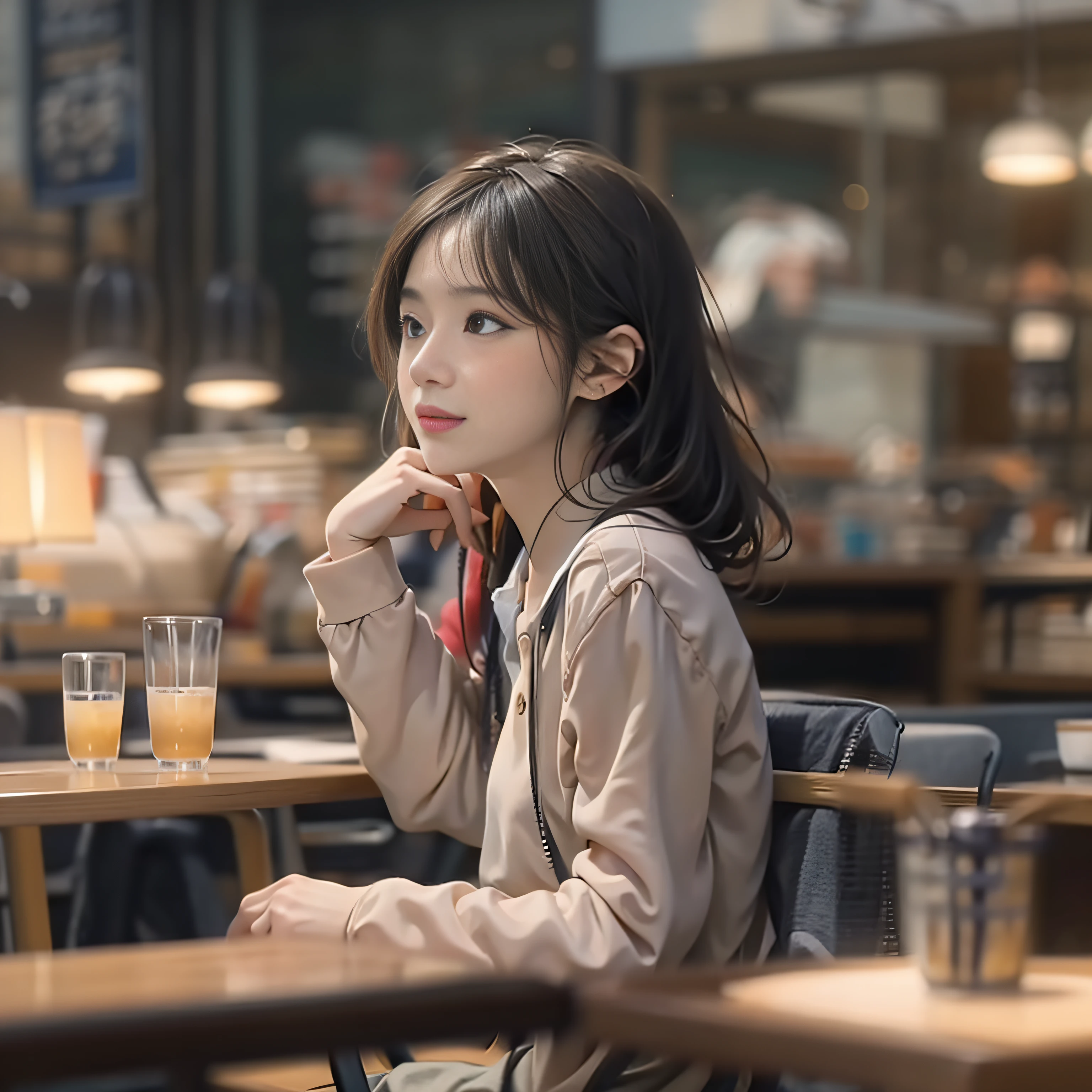 there is a woman that is sitting in front of a table, Beautiful woman in her 20s,（Soft smile）,A smile,thinking pose, thoughtful expression, A well-thought-out vision, Thoughtful ), thoughtful pose, Thoughtful, sidewayglance, A young Asian woman, pensive expression, sitting in a café, Young Asian woman, cute young woman, she has a distant expression, profile pose, best qualtiy，extremely detailed CG unity 8k wal，电影灯光，ssmile，