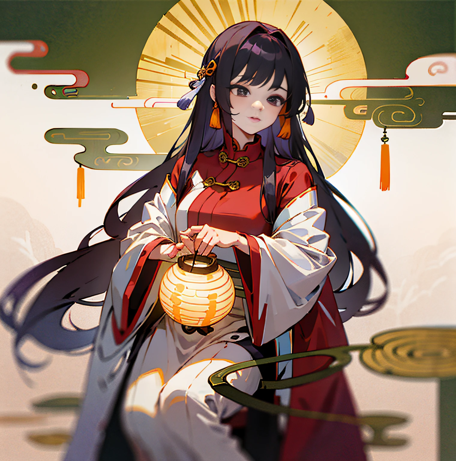 Araki women in traditional costume hold lanterns in front of trees, Palace , A girl in Hanfu, Hanfu, White Hanfu, Wearing ancient Chinese clothes, Traditional Chinese clothing, with acient chinese clothes, inspired by Gu An, Chinese woman, Wearing a luxurious silk cloak, ancient chinese beauti, Inspired by Tang Yifen,(Two-dimensional style)