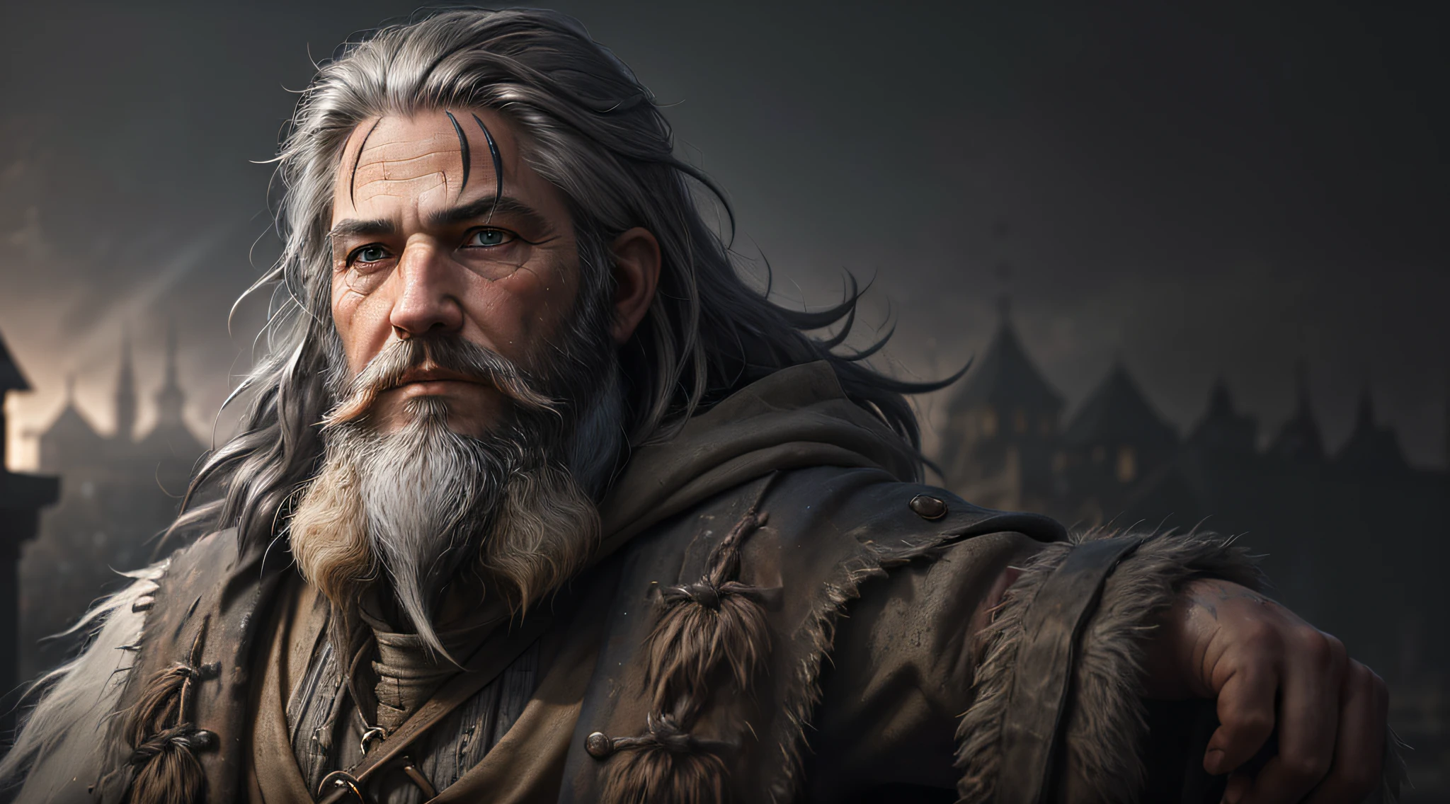 photo, old evil hermit, medieval, piercing_deep-set_eyes, wrinkled face, dark_stichted_cloak, (dramatic lighting:1.25), (dark background:1.2), (dirty_ unkempt_gray_hair:1.2), (long_shaggy_beard:1.3), (faded colors:1.1), (sharp focus:1.1), (shadows:1.2), (subtle HDR:1.3), (realistic skin texture:1.25), (detailed hair:1.2), (sandy texture:1.1), (cinematic appearance:1.2), (powerful pose:1.3), (blush:0.5), (goosebumps: 0.5), subsurface scattering, detailed_grey_eyes