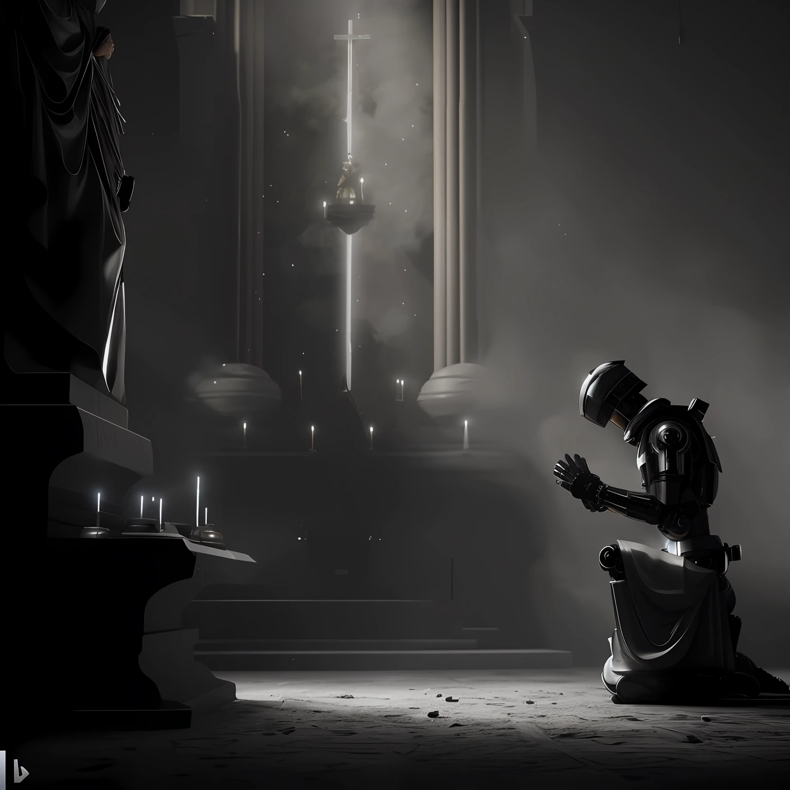 Imagem de um robo ajoelhada em uma igreja escura com velas, kneeling in prayer, arte conceitual escura fotorrealista, Premiado na CGSetaltion, em um altar antigo, inspirado por Brian Despain, praying, inspirado em Grzegorz Domaradzki, unreal engine render + uma deusa, daily render, inspirado em Igor Kieryluk