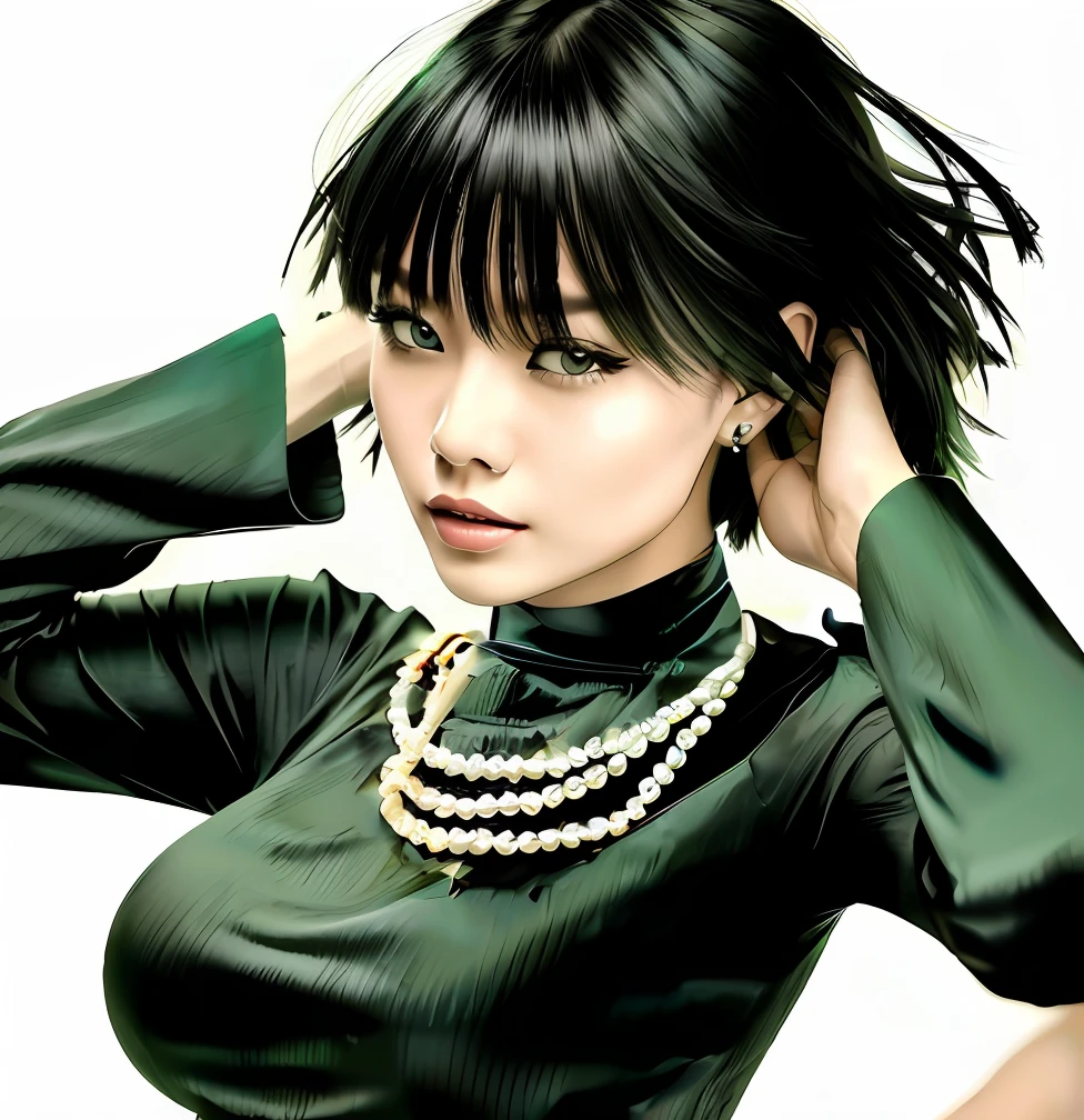 A lot of clothes folds on the dark green dress