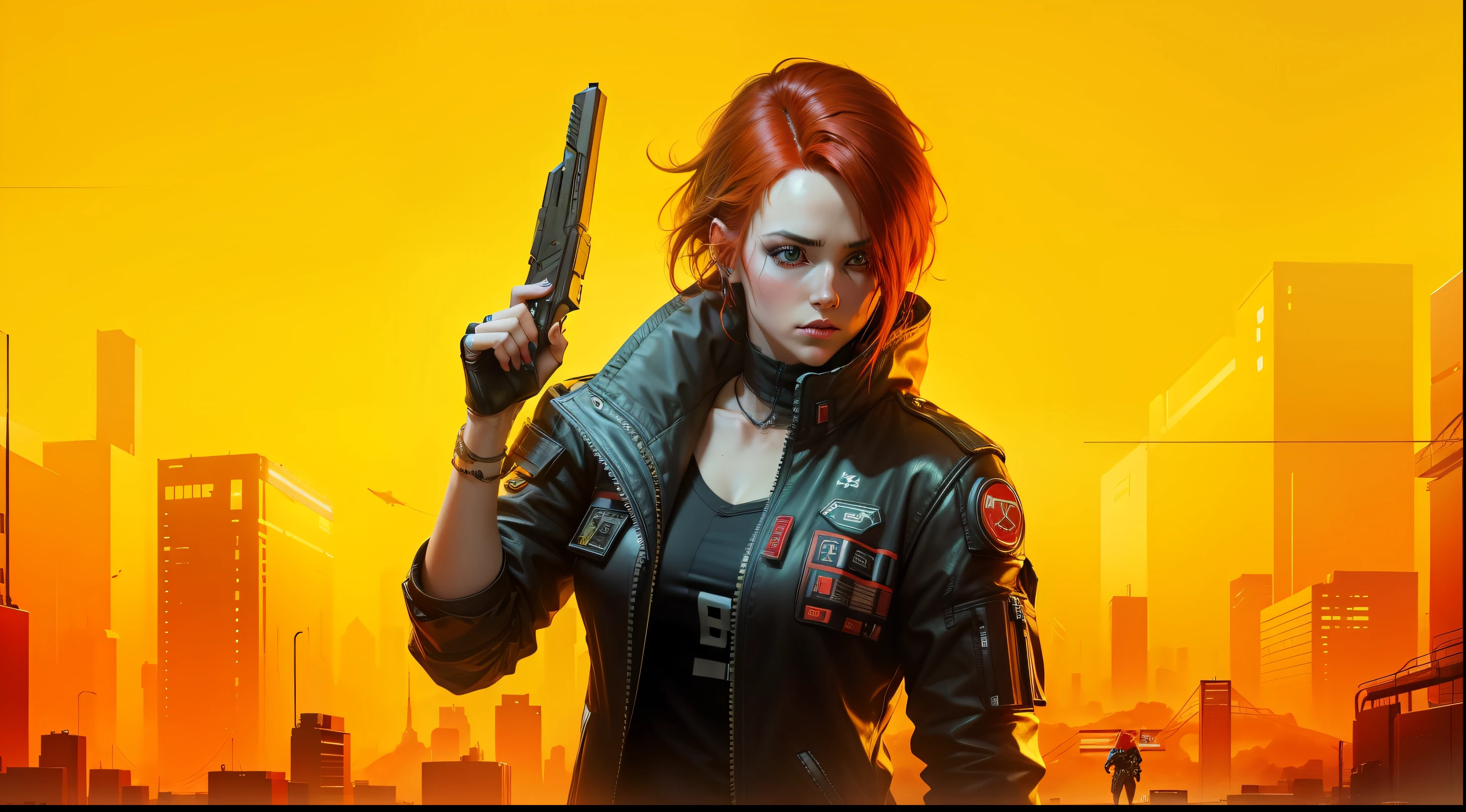 Cyberpunk, video games, yellow background, beautiful white woman with dark red hair wearing a jacket and holding a pistol