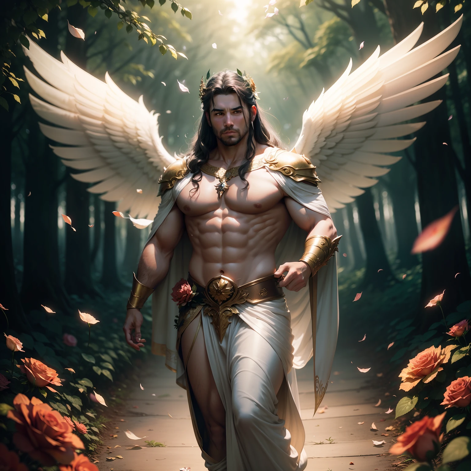 Gorgeous Male Fairy Man with White and Golden Wings, Rose Petals Flying, Crown of Flowers, Wide-angle Film, Twilight Lens, Soft Lighting, Dynamic Angle, Full Body, Bokeh, Rose Petals Flying, Crown of Flowers, Thin Cloth Flying in Background Like Mist, Dark Forest in Background With Thick Mist, Wide-Angle Twilight Lens Film Directed By Peter Jackson : :20 HR delicacy, beauty, full body, lush vegetation blurred background, vibrant colors, lush light, soft light, sunset light, smooth light, symmetrical, full body, reflections, dynamic HDR lighting, 8k resolution, cinematic film, smooth, sharp focus, realistic, strobe light beams, (((blurred background)):1.7, (((depth of field)) ):1.8, cinestill 800t 35mm, high quality, heavy grain, high detail, cinematic composition, dramatic light, anamorphic, ultra wide lens, hyperrealistic