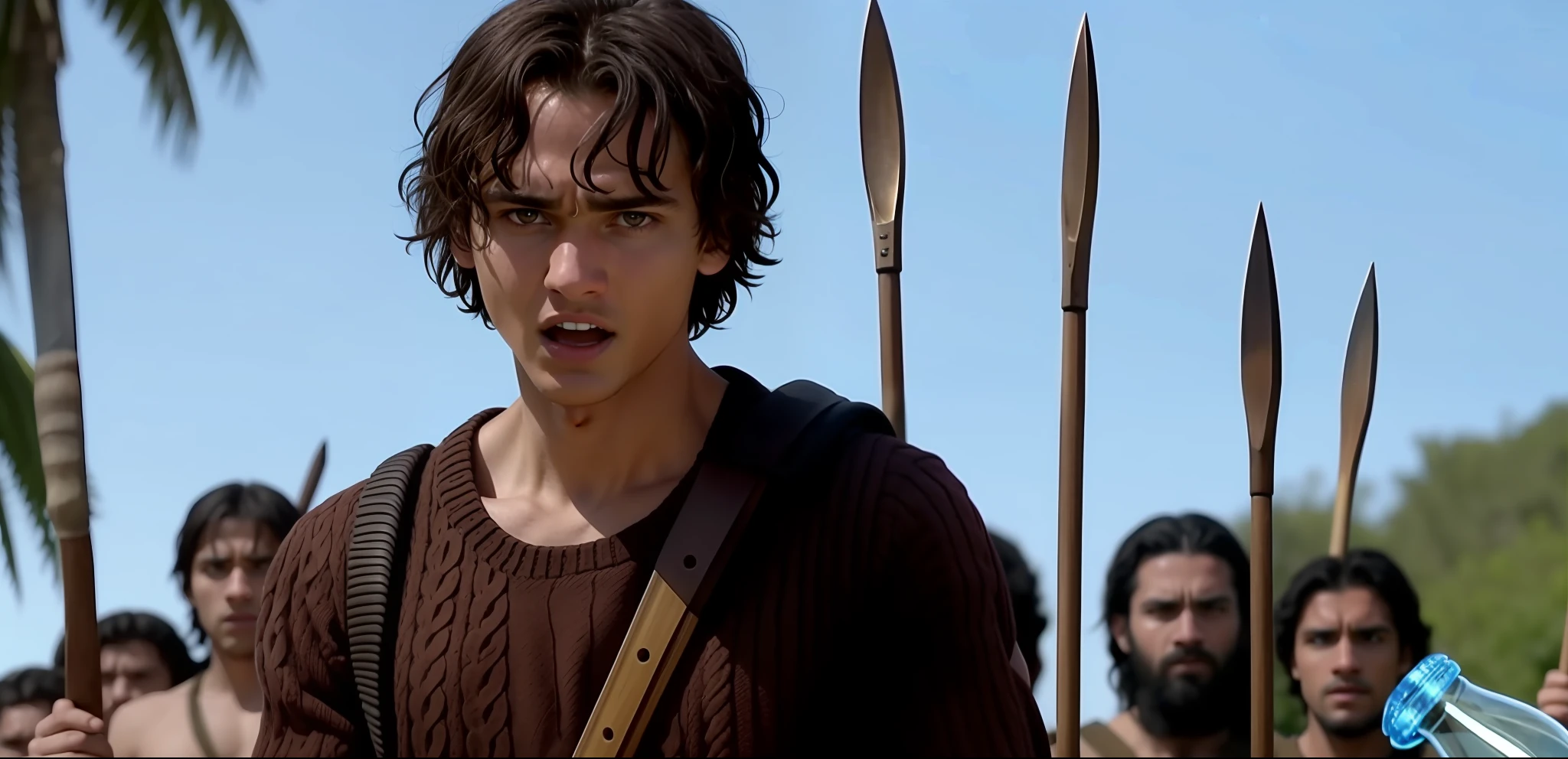 Man in brown sweater holding a spear and a bottle, Mocking Roman Legionary, ainda de um filme live action, Frank Dillane como Puck, biblical epic movie, cena do filme live action, still image from tv series, 0 0 0 a.C., Filmado do filme de Danis Villeneuve, captura de tela do filme, Alexandre, o Grande